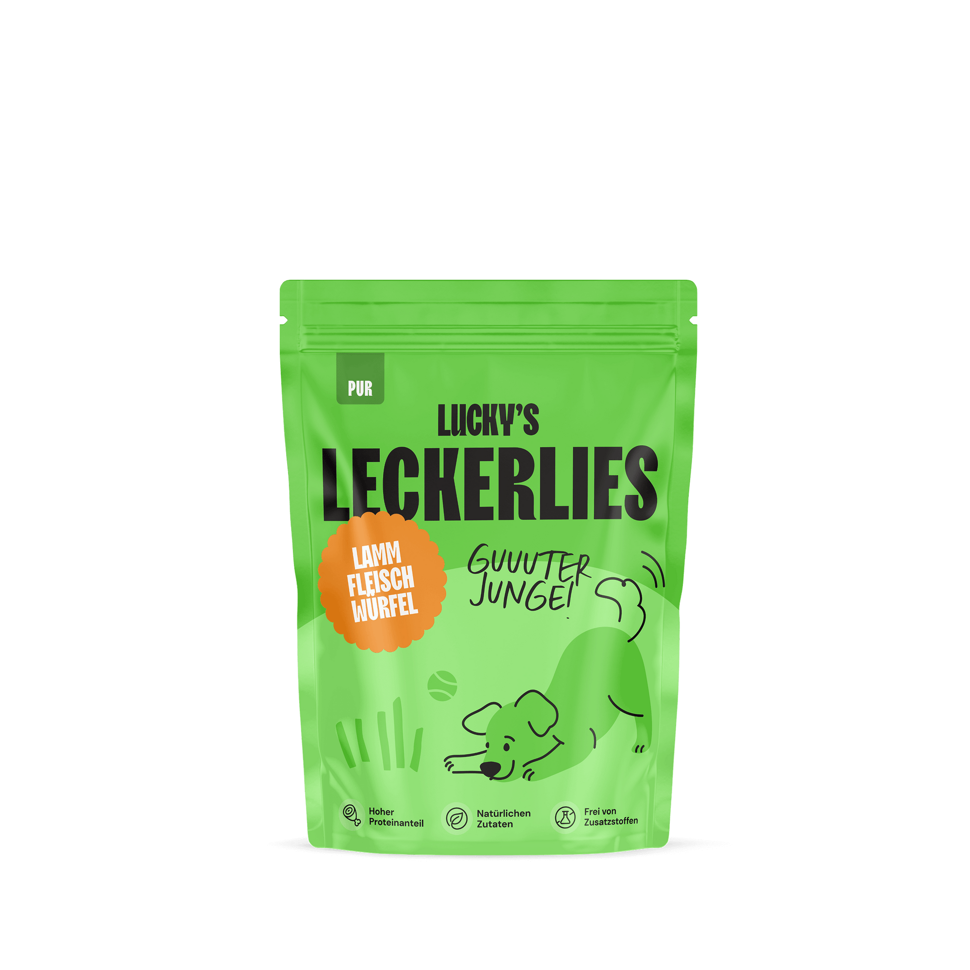 Lammfleischwürfel pur – Leckerli für Hunde in einer grünen Verpackung mit Hundebild