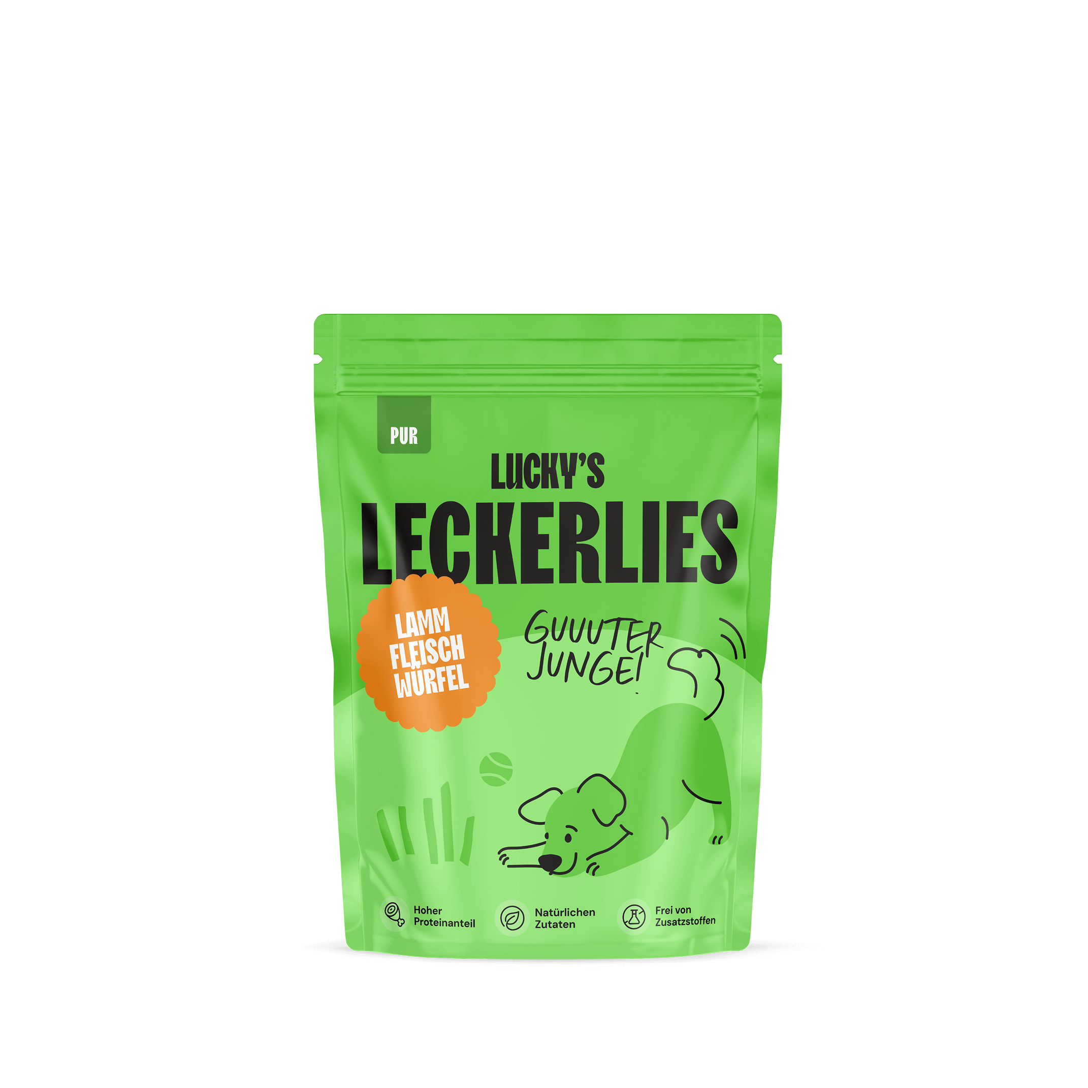 Lammfleischwürfel pur – Leckerli für Hunde in einer grünen Verpackung mit Hundebild