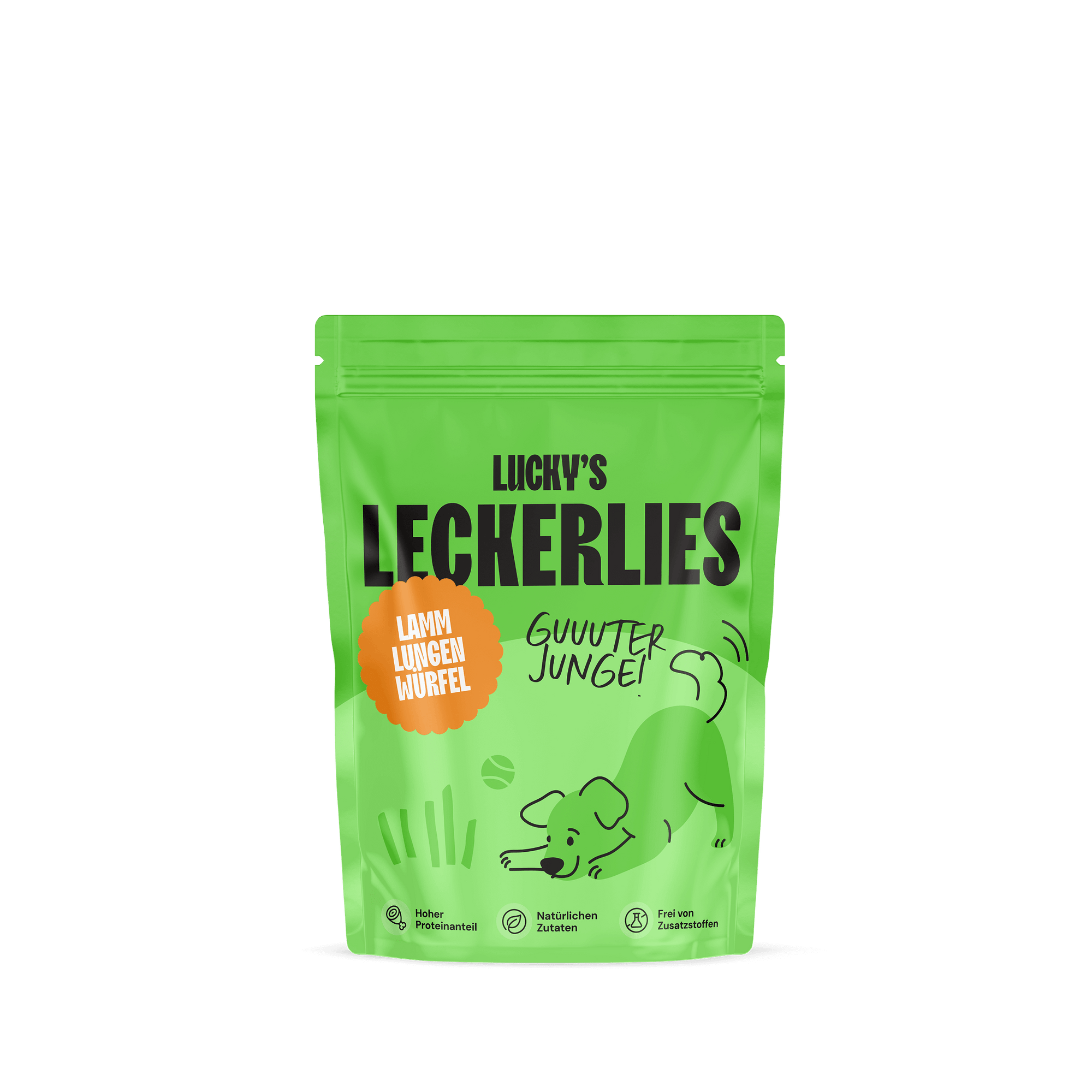 Lammlungenwürfel – Leckerli für Hunde in einer grünen Verpackung mit Hundemotiv.