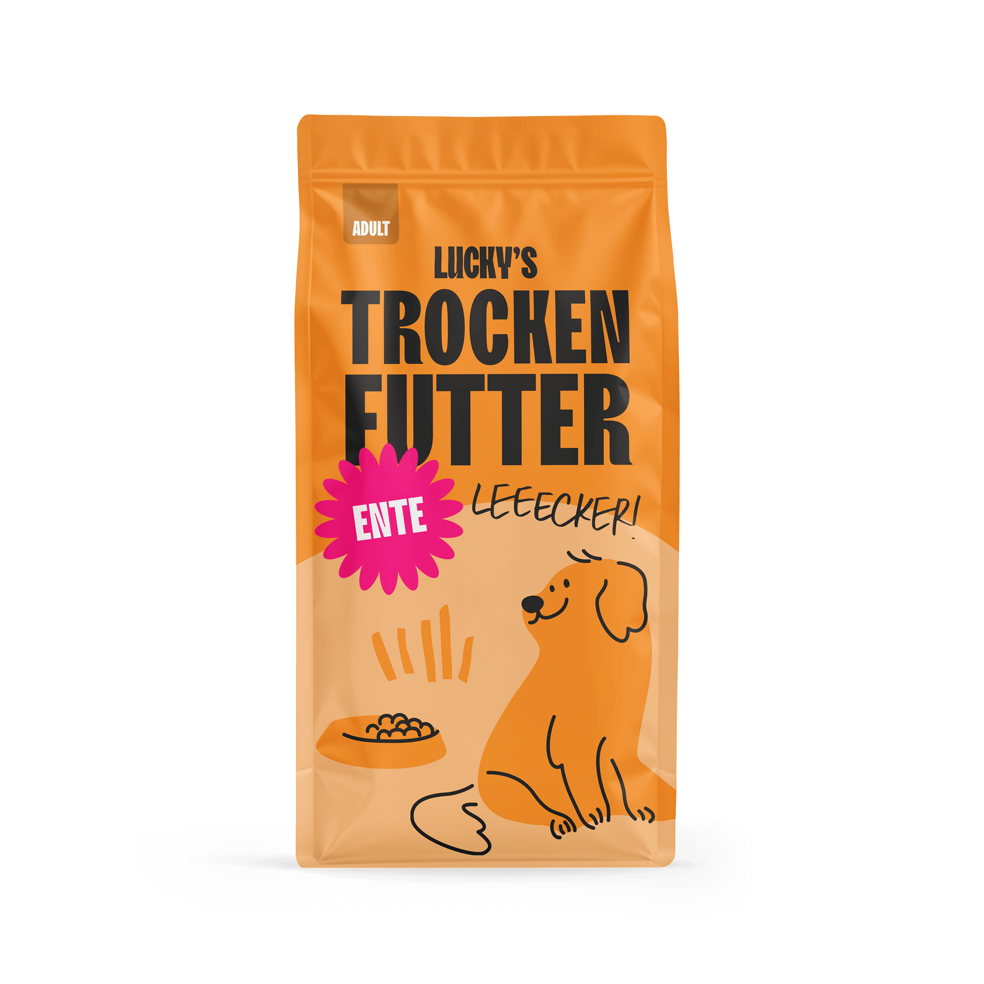 Ente mit Süßkartoffel und Orange – Trockenfutter für Hunde, leckeres Hundefutter in Verpackung.