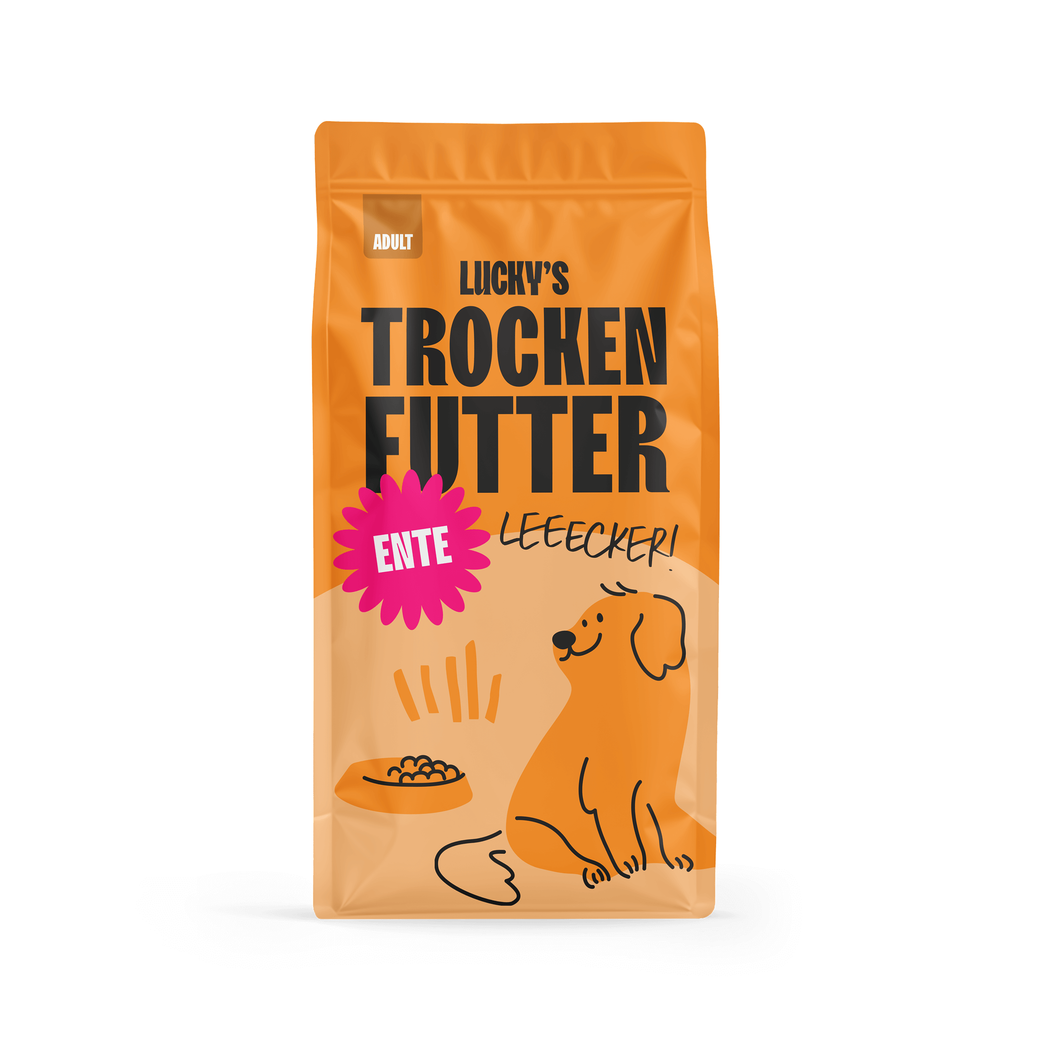 Ente mit Süßkartoffel und Orange – Trockenfutter für Hunde, leckeres Hundefutter in Verpackung.