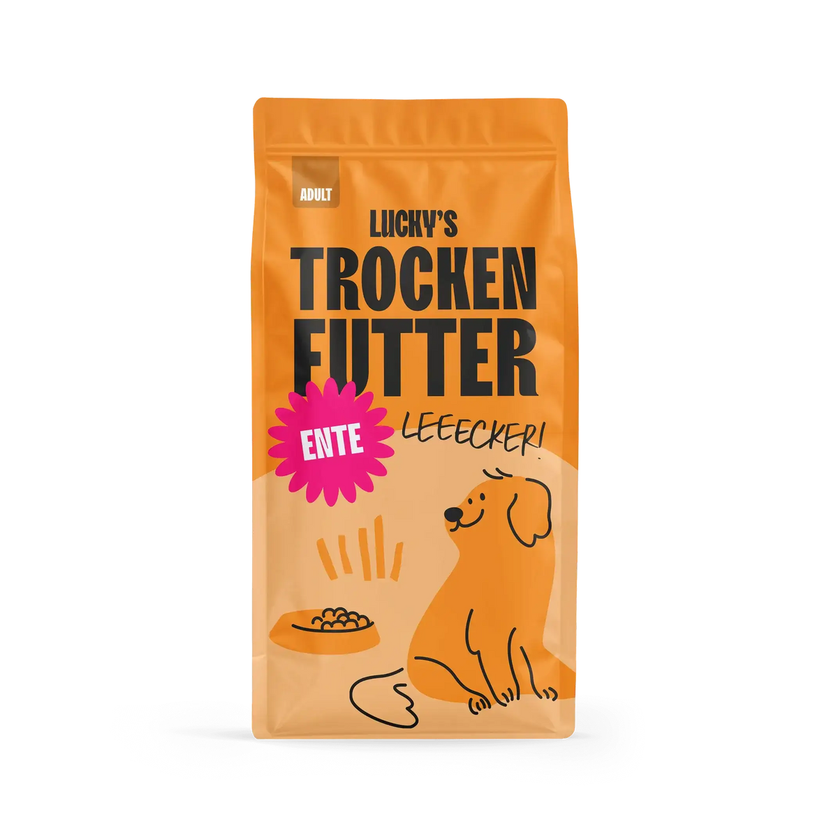 Ente mit Süßkartoffel und Orange – Trockenfutter für Hunde, leckeres Hundefutter in Verpackung.