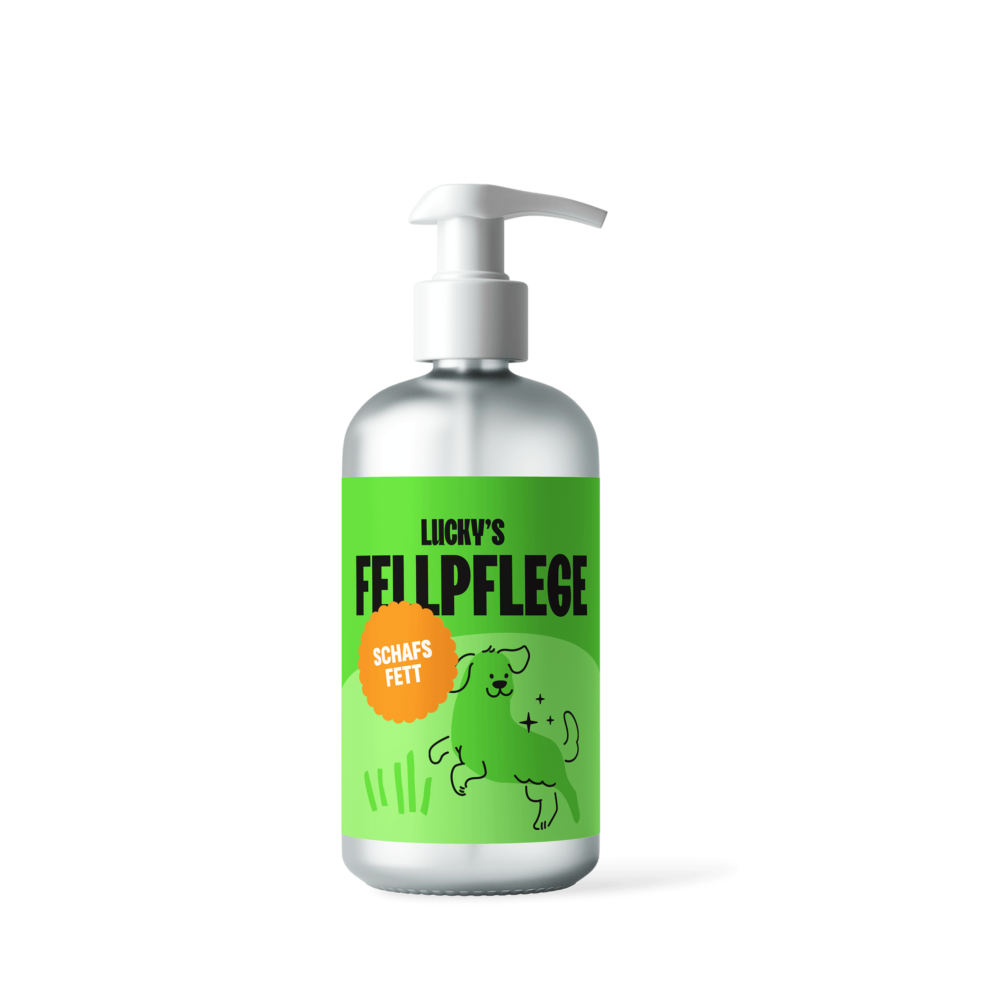 Schafsfett - Nahrungsergänzungsmittel für Hunde in einer silbernen Flasche für die Fellpflege