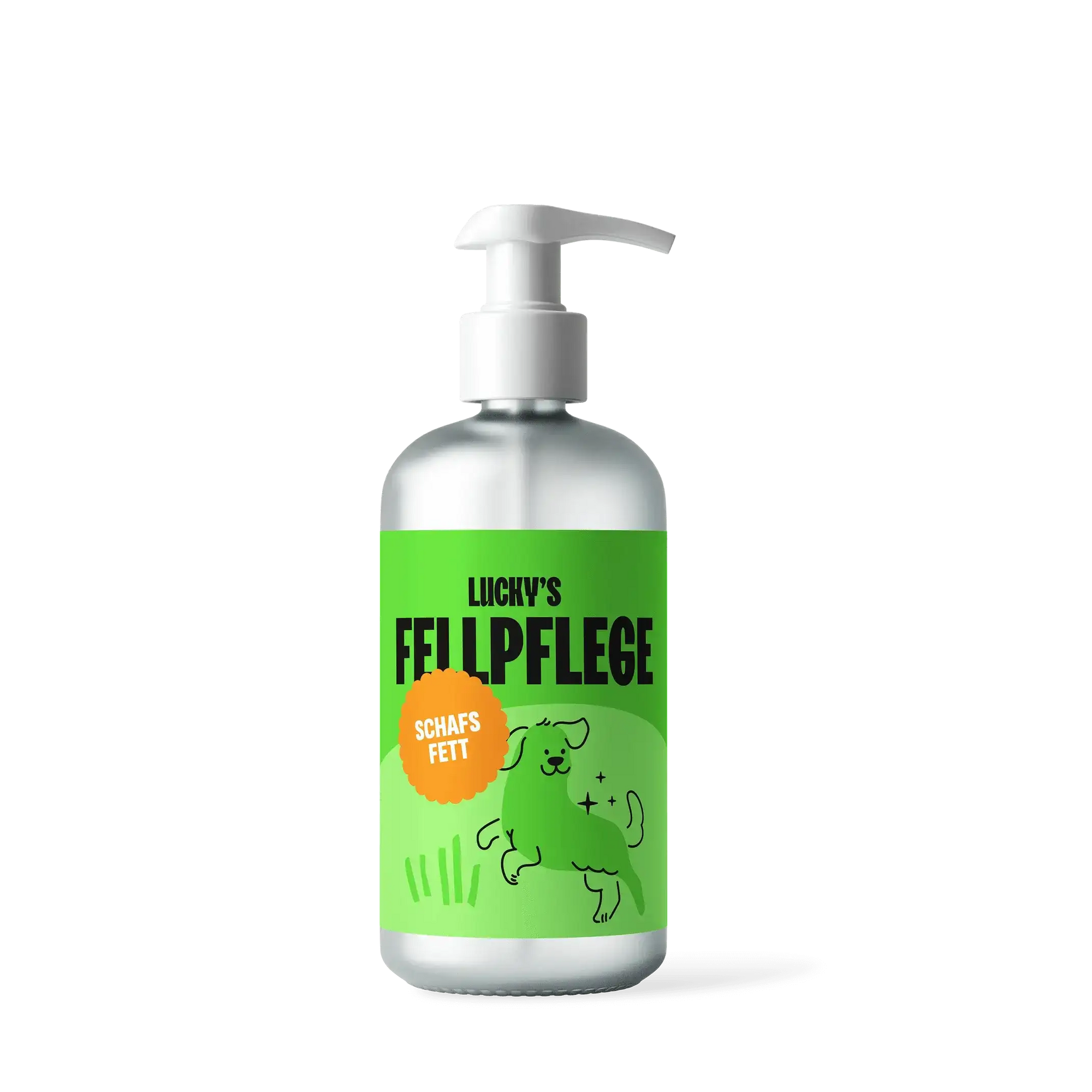 Schafsfett - Nahrungsergänzungsmittel für Hunde in einer silbernen Flasche für die Fellpflege