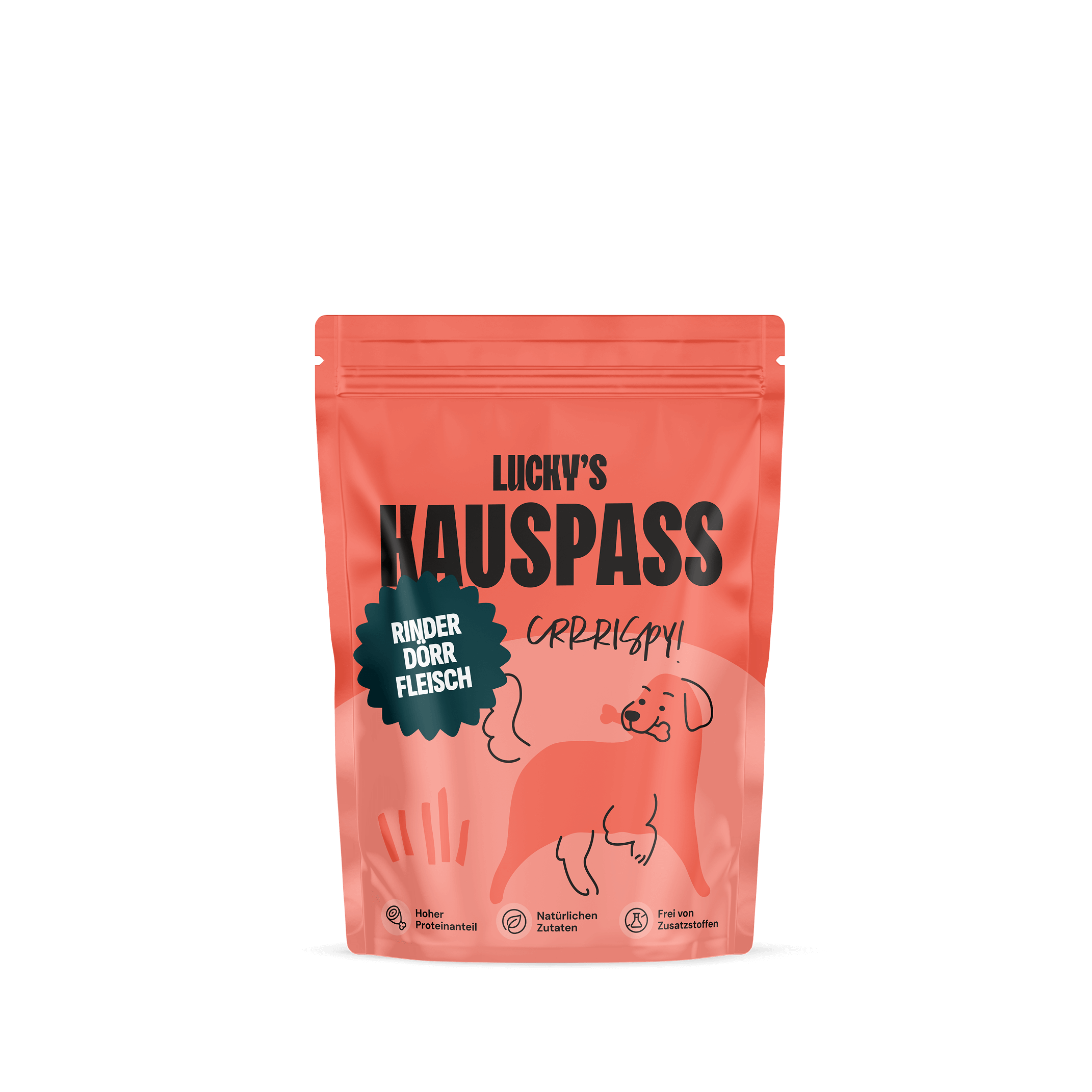 Rinder Dörrfleisch - Liicky's leckeres Trockenfleisch für Hunde in attraktiver Verpackung.