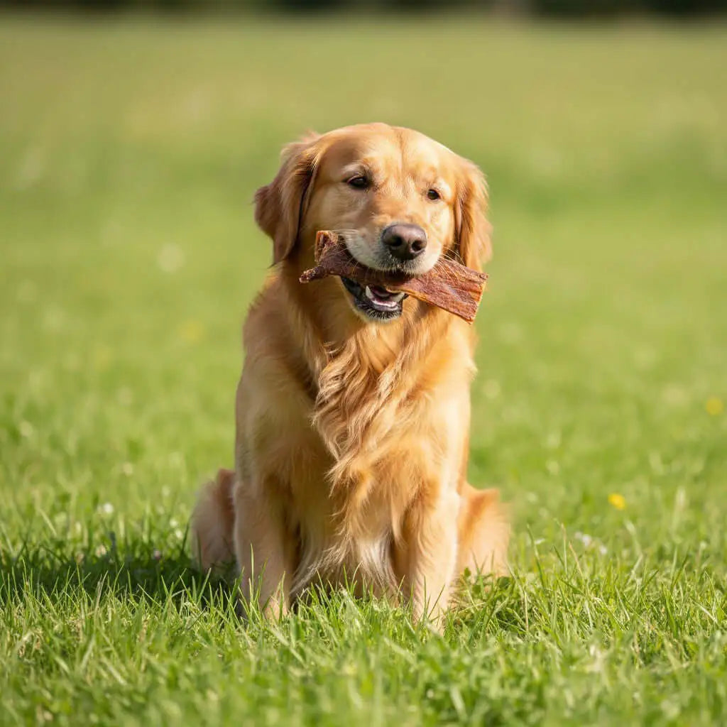 Lucky Heaven Ranch Büffelschlund als natürlicher Kausnack für einen Golden Retriever auf einer grünen Wiese