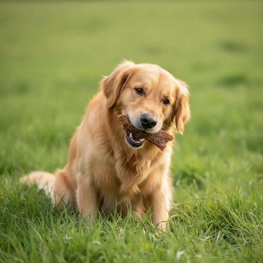 Golden Retriever kaut auf einem natürlichen Lucky Heaven Ranch Büffelschlund auf einer grünen Wiese.