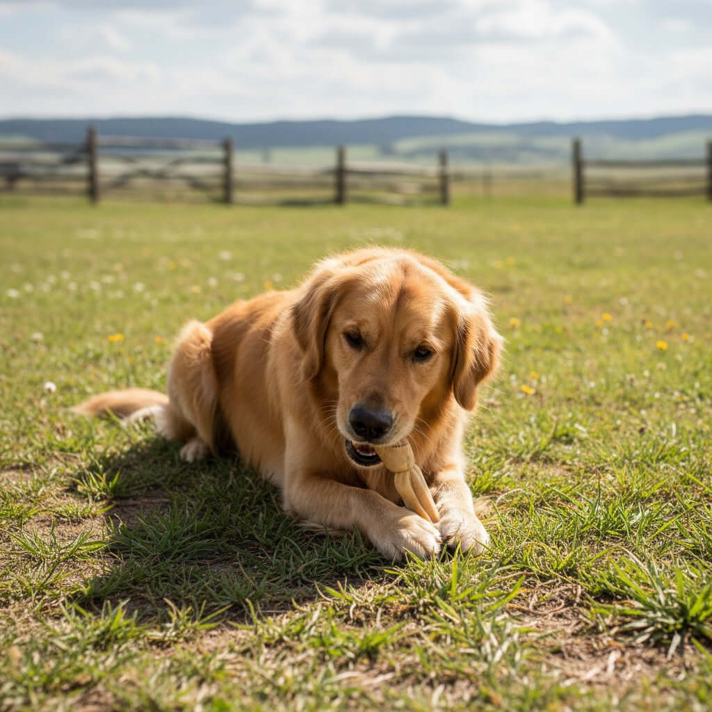 Golden Retriever kaut auf Lucky Heaven Ranch Lammhaut, ein natürlicher, gerollter Hundesnack auf einer grünen Wiese.