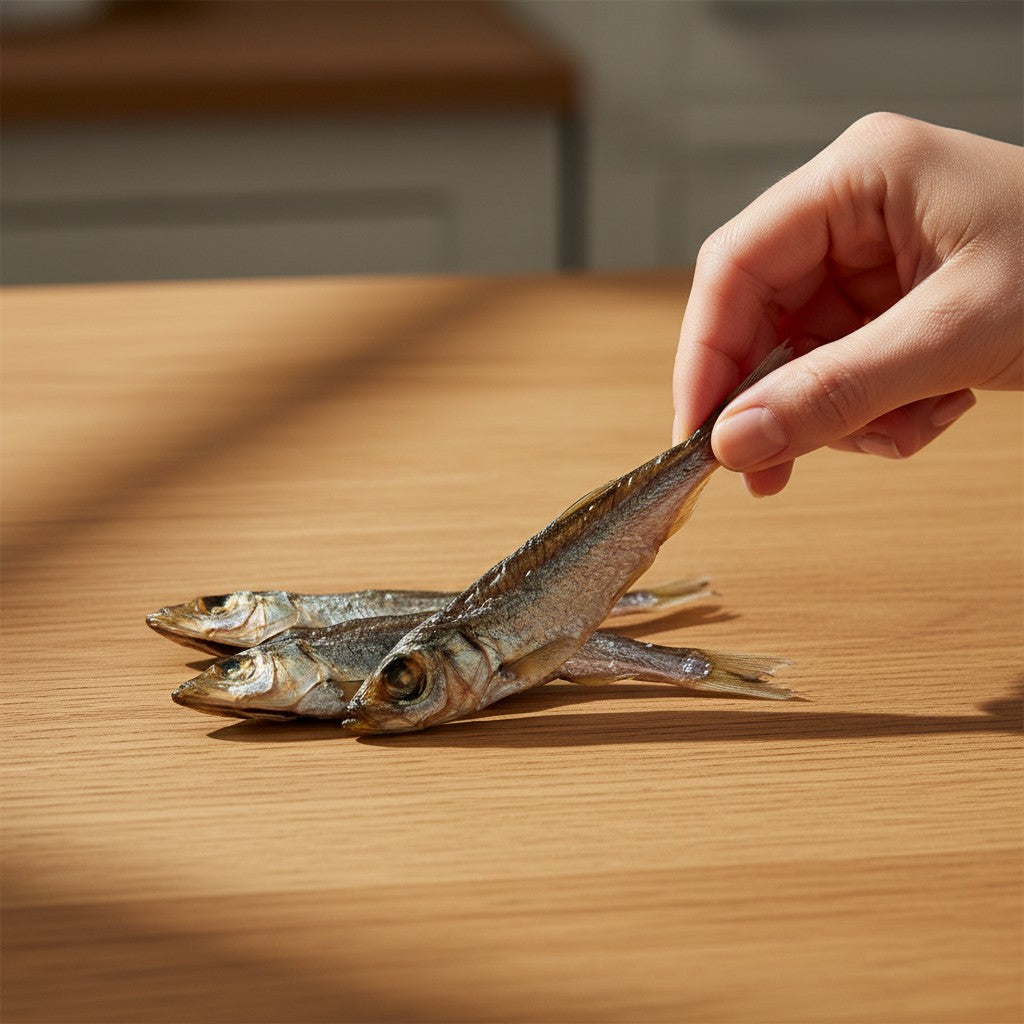 Lucky Heaven Ranch getrocknete XL-Sprotten als natürlicher Fisch-Snack für Hunde auf einem Holztisch