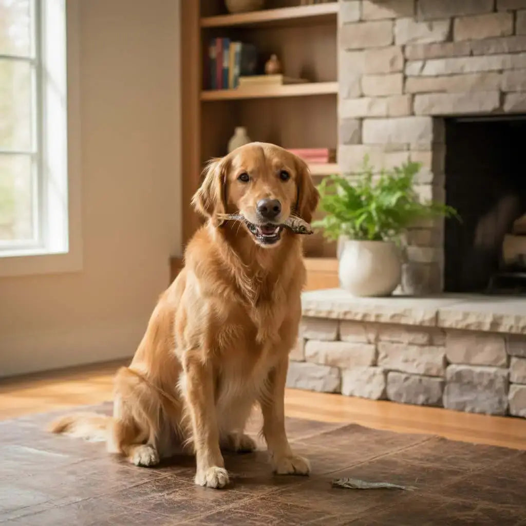 Lucky Heaven Ranch Hund mit einer getrockneten Sprotte im Maul, sitzend auf einem Boden vor einem Kamin.