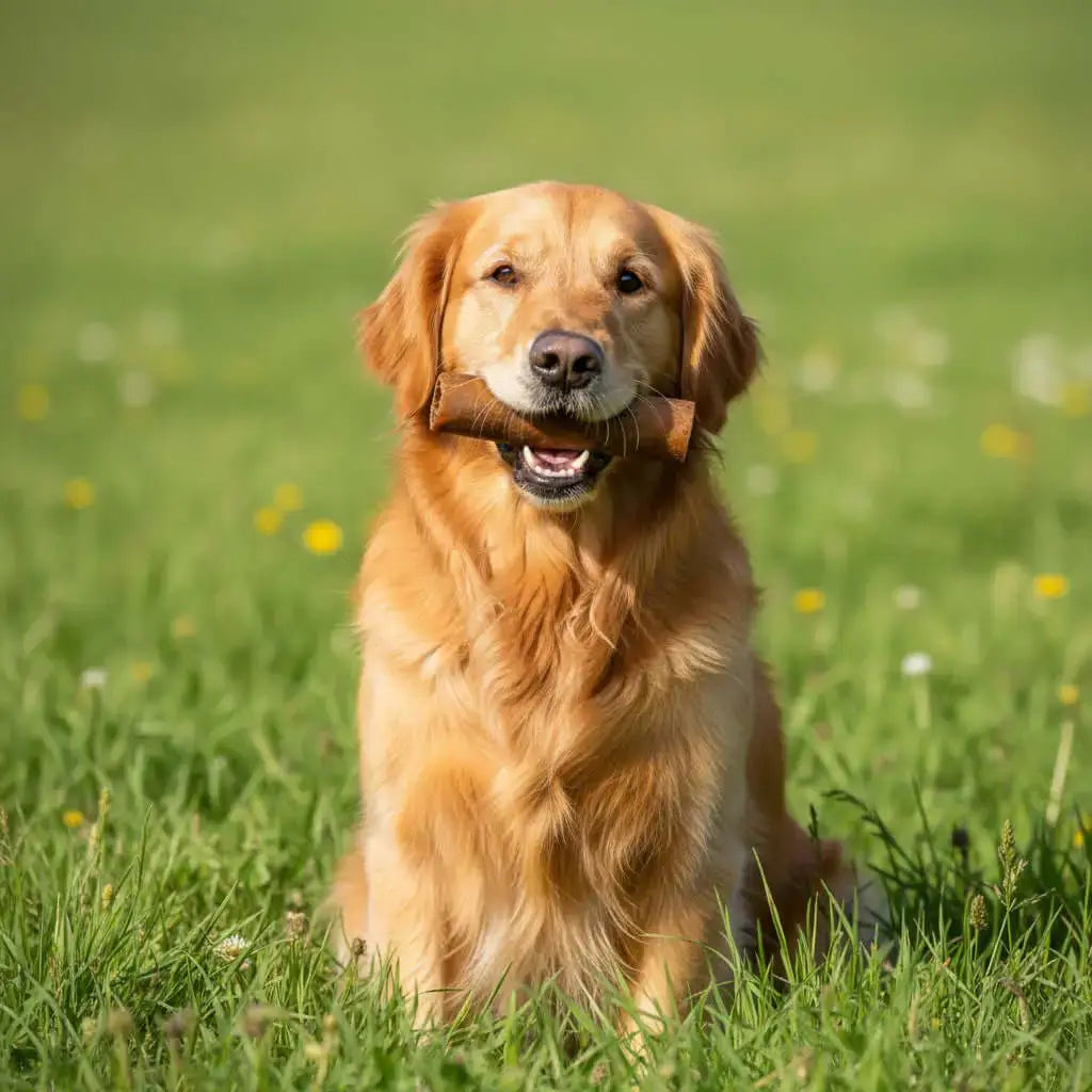 Golden Retriever hält gerollte Lucky Heaven Ranch Kamelhaut im Maul auf einer grünen Wiese für hypoallergene Zahnpflege