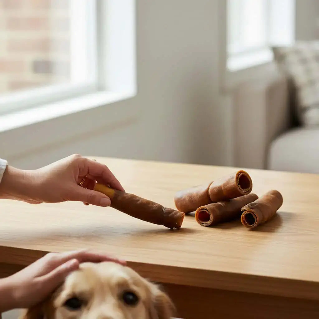 Lucky Heaven Ranch gerollte Kamelhaut als hypoallergener, natürlicher Kauartikel für Hunde auf einem Holztisch.
