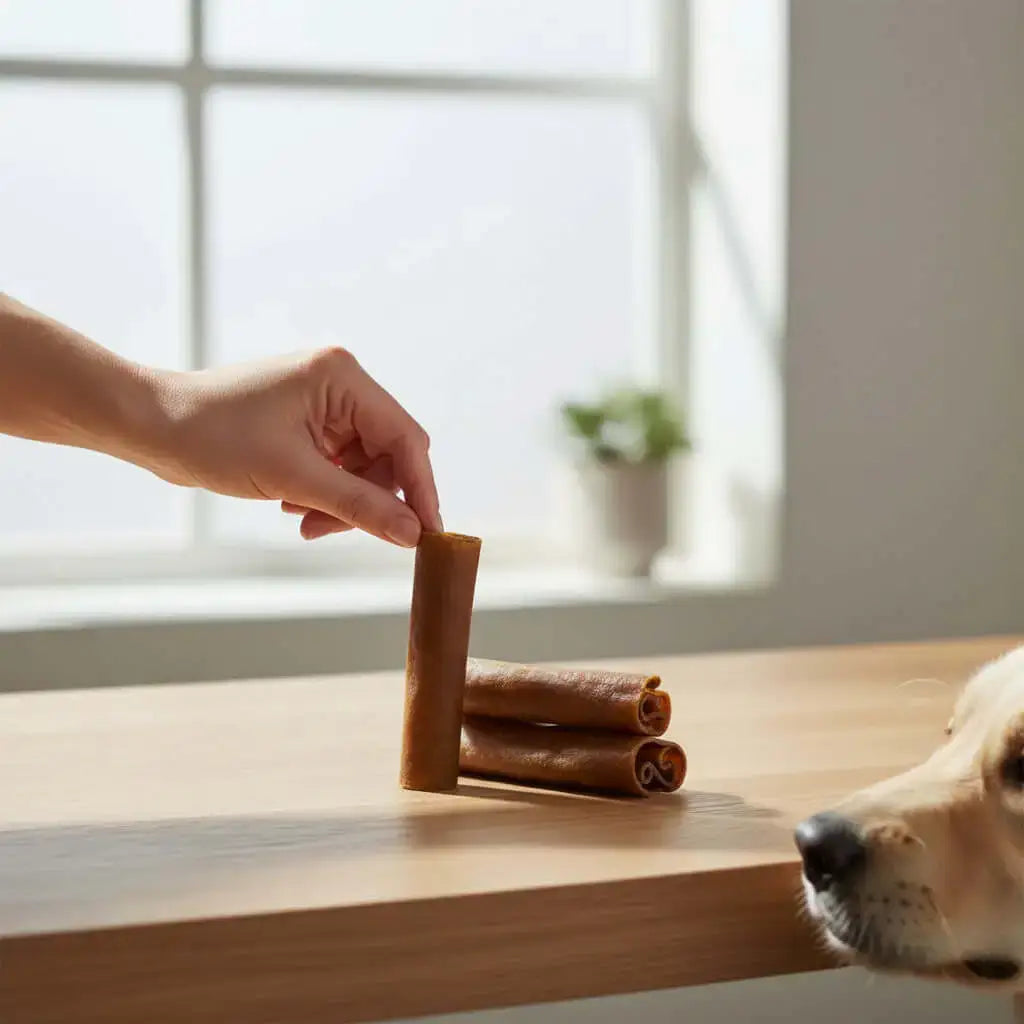 Lucky Heaven Ranch gerollte Kamelhaut als hypoallergener, natürlicher Kauartikel für Hunde auf einem Holztisch.