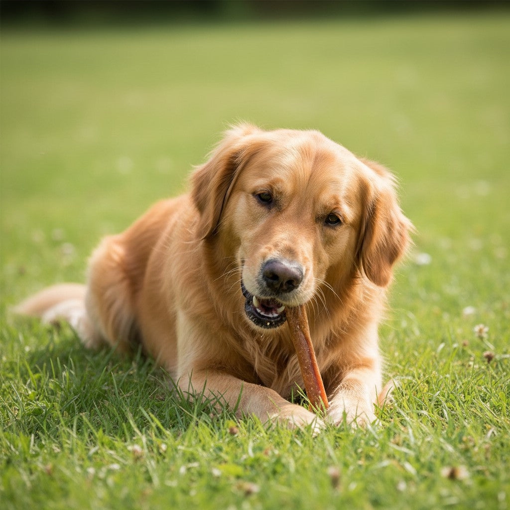 Golden Retriever kaut auf einem Lucky Heaven Ranch Pferdedarm-Stick auf einer grünen Wiese