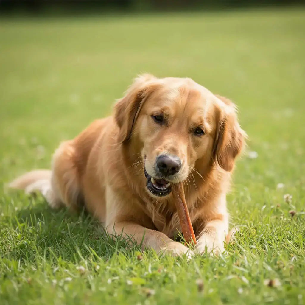 Golden Retriever genießt schonend getrockneten Kausnack