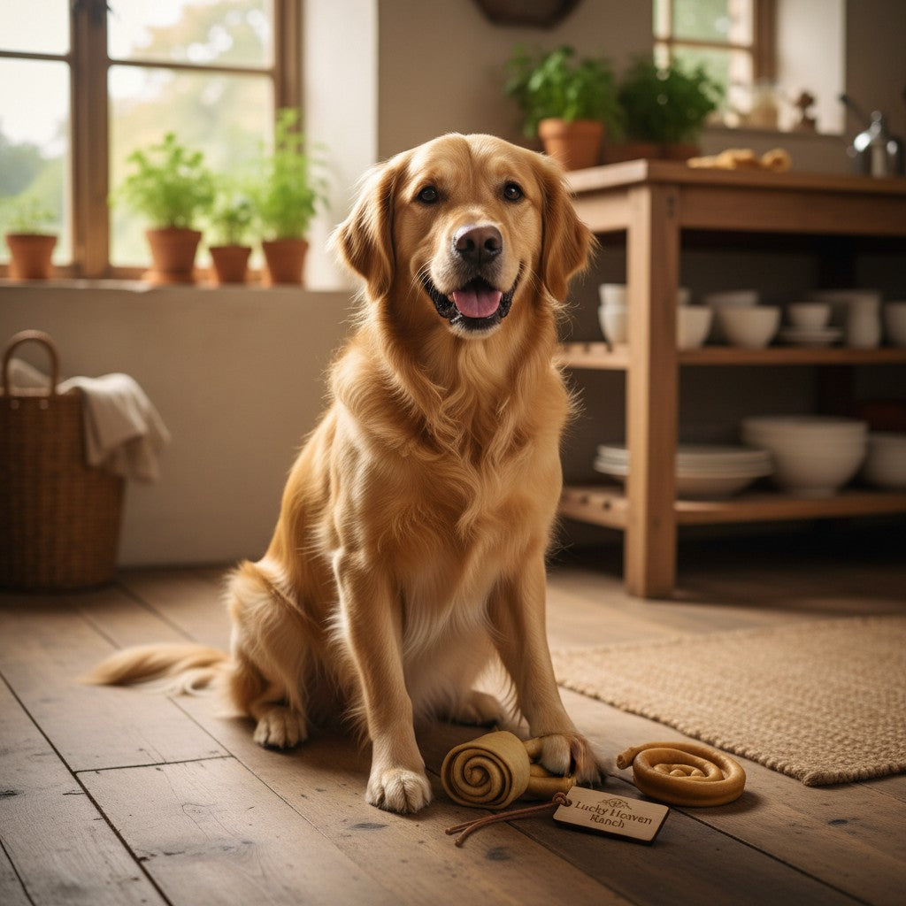 Ein glücklicher Golden Retriever sitzt in einer Küche neben einem gerollten Lucky Heaven Ranch Pferdehaut Donut.