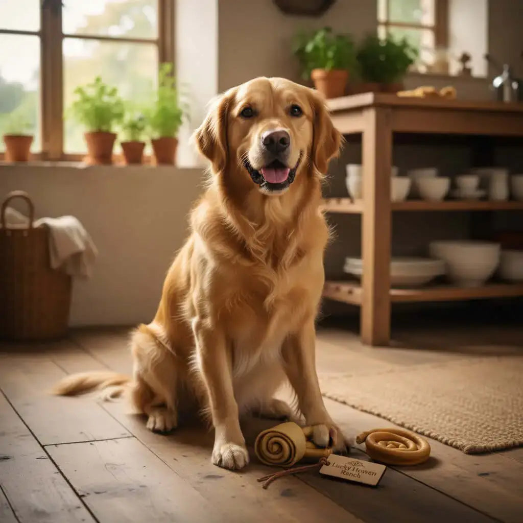 Ein glücklicher Golden Retriever sitzt in einer Küche neben einem gerollten Lucky Heaven Ranch Pferdehaut Donut.