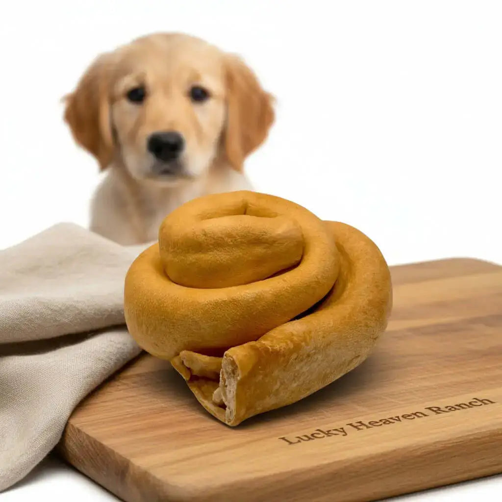 Lucky Heaven Ranch Pferdehaut Donut als natürlicher Kauartikel für Hunde auf einem Holzbrett mit Welpen im Hintergrund