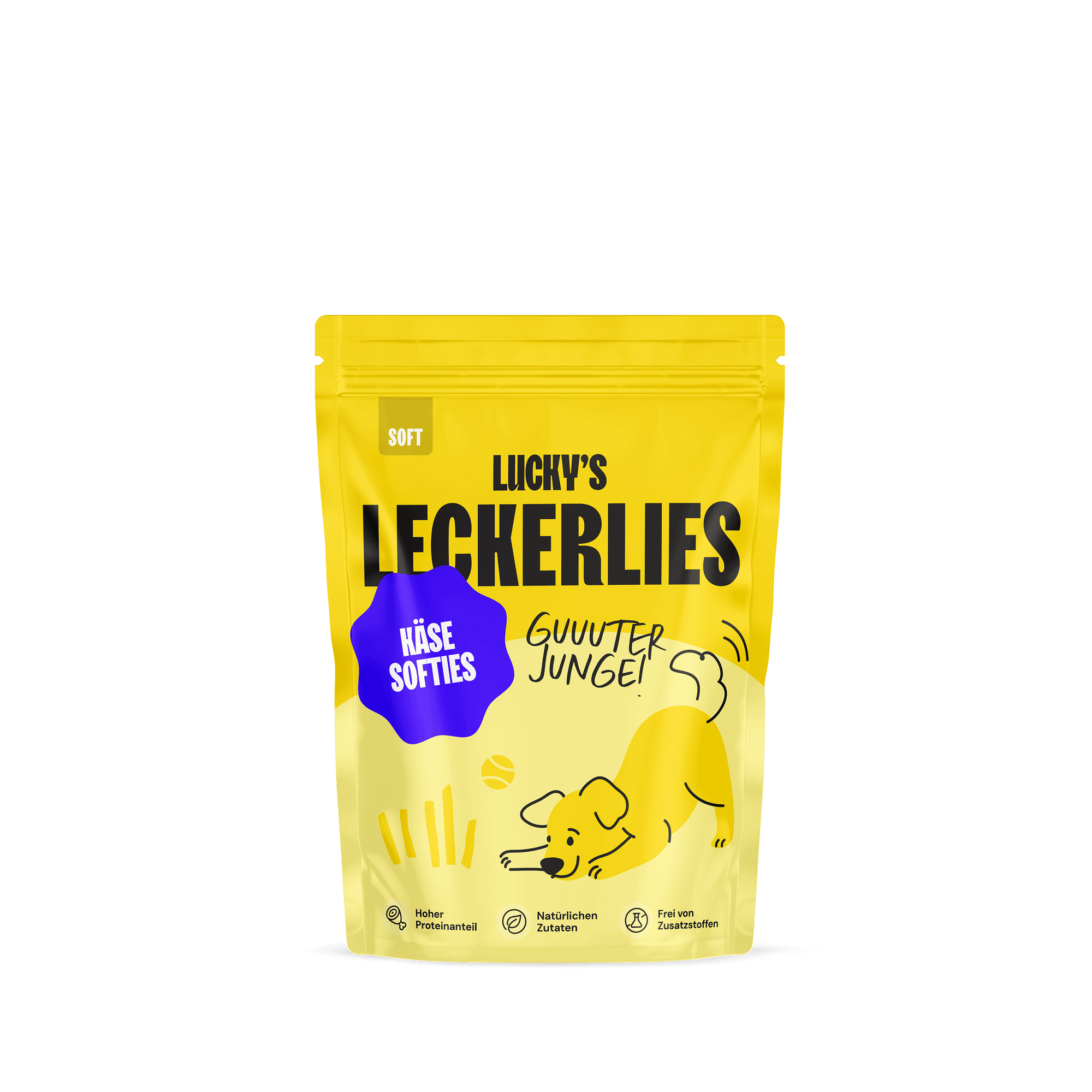 Käsesoftie – Leckerli für Hunde im gelben Beutel von Lucky’s mit Hundepfote und Käse-Snacks.