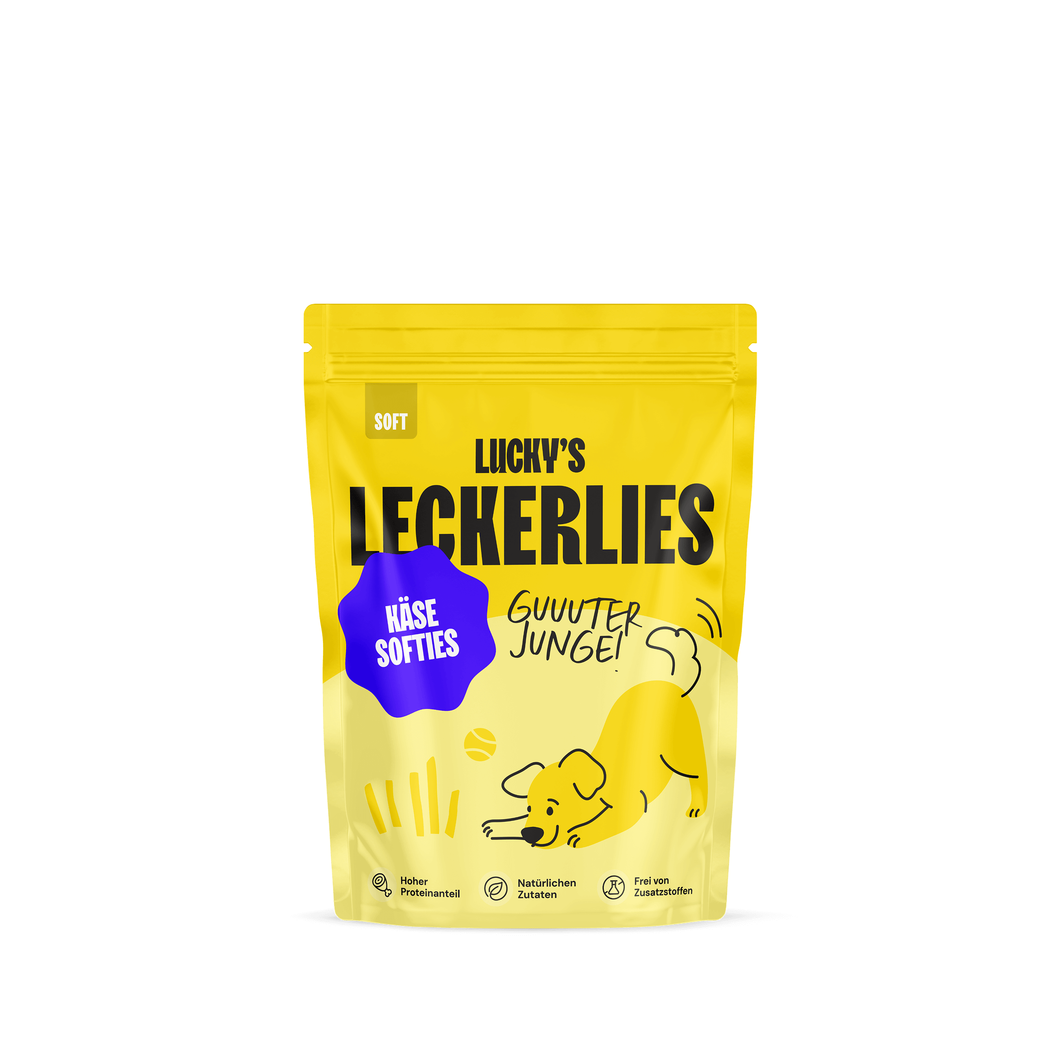 Käsesoftie – Leckerli für Hunde im gelben Beutel von Lucky’s mit Hundepfote und Käse-Snacks.