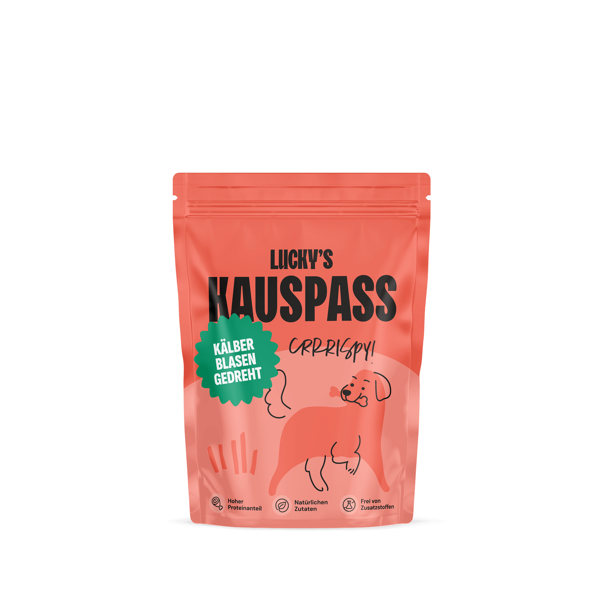 Kalbsblasen gedreht – Lucky's Kauartikel für Hunde in attraktiver Verpackung