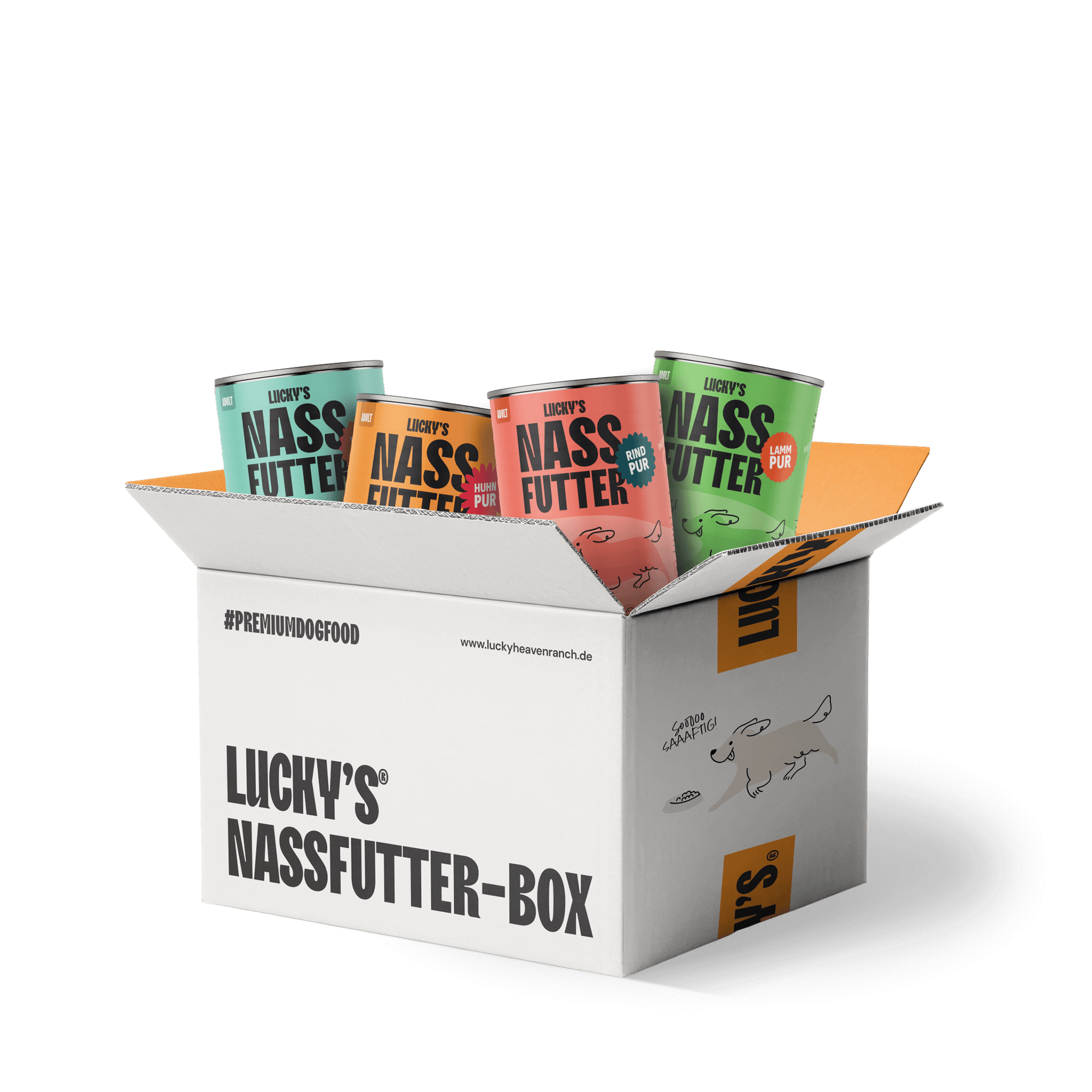 Lucky's Nassfutter-Box für Hunde mit verschiedenen Sorten für Hunde in einer Testbox.