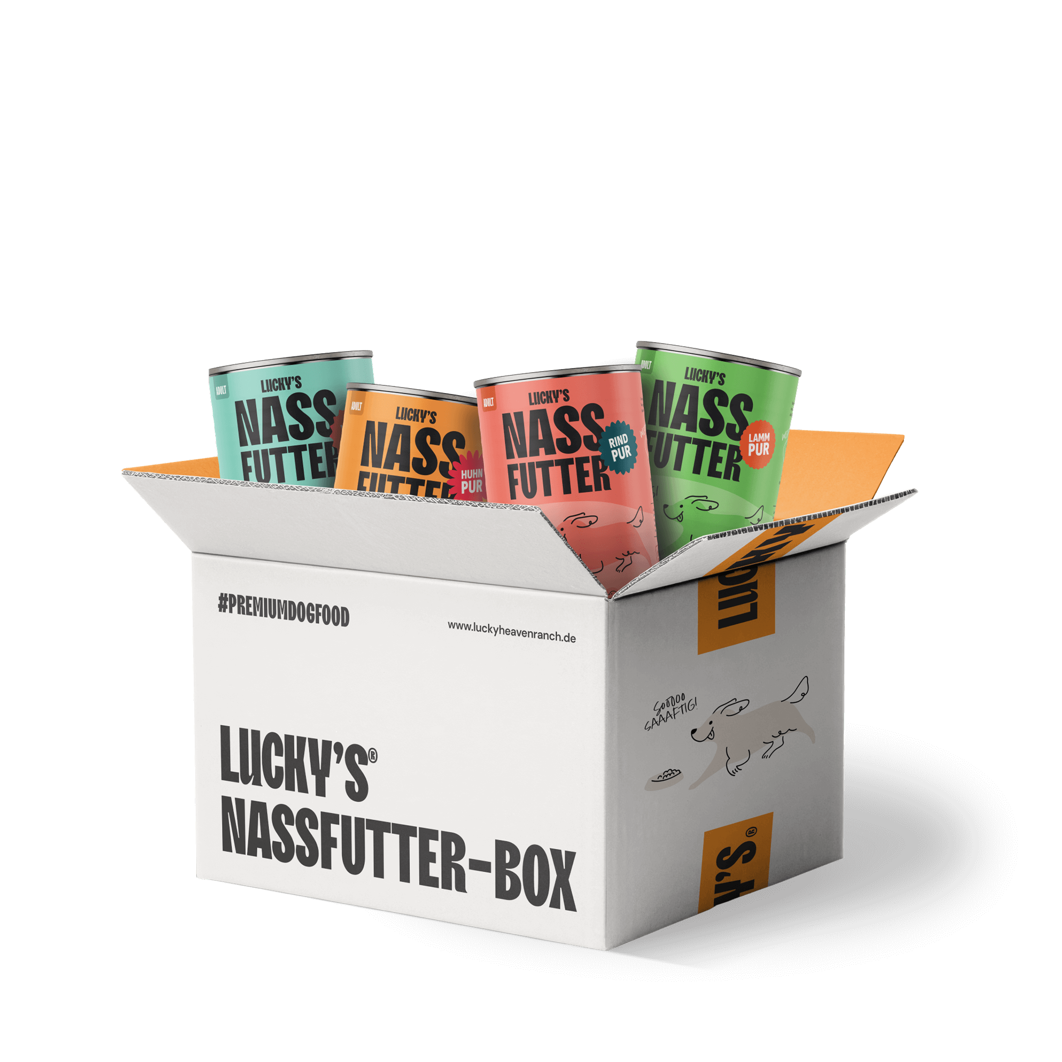 Lucky's Nassfutter-Box für Hunde mit verschiedenen Sorten für Hunde in einer Testbox.