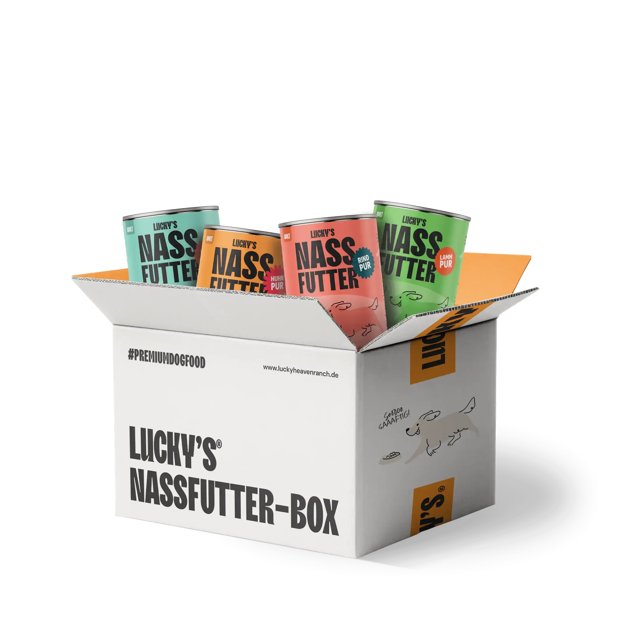 Lucky's Nassfutter-Box für Hunde mit verschiedenen Sorten für Hunde in einer Testbox.