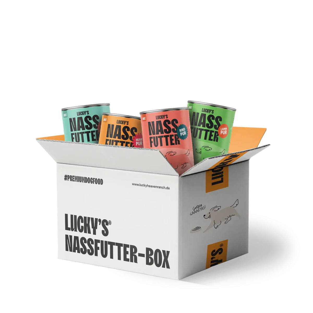 Lucky's Nassfutter-Box für Hunde mit verschiedenen Sorten für Hunde in einer Testbox.