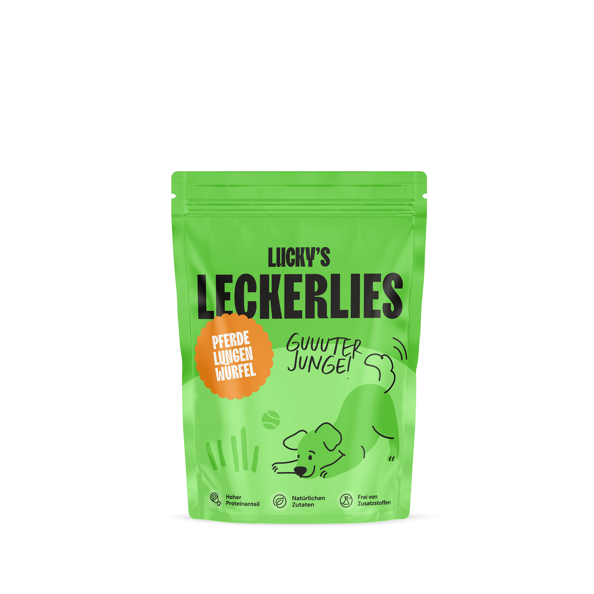 Pferdelungenwürfel – Leckerli für Hunde in der Packung von Lucky's Leckerlies.
