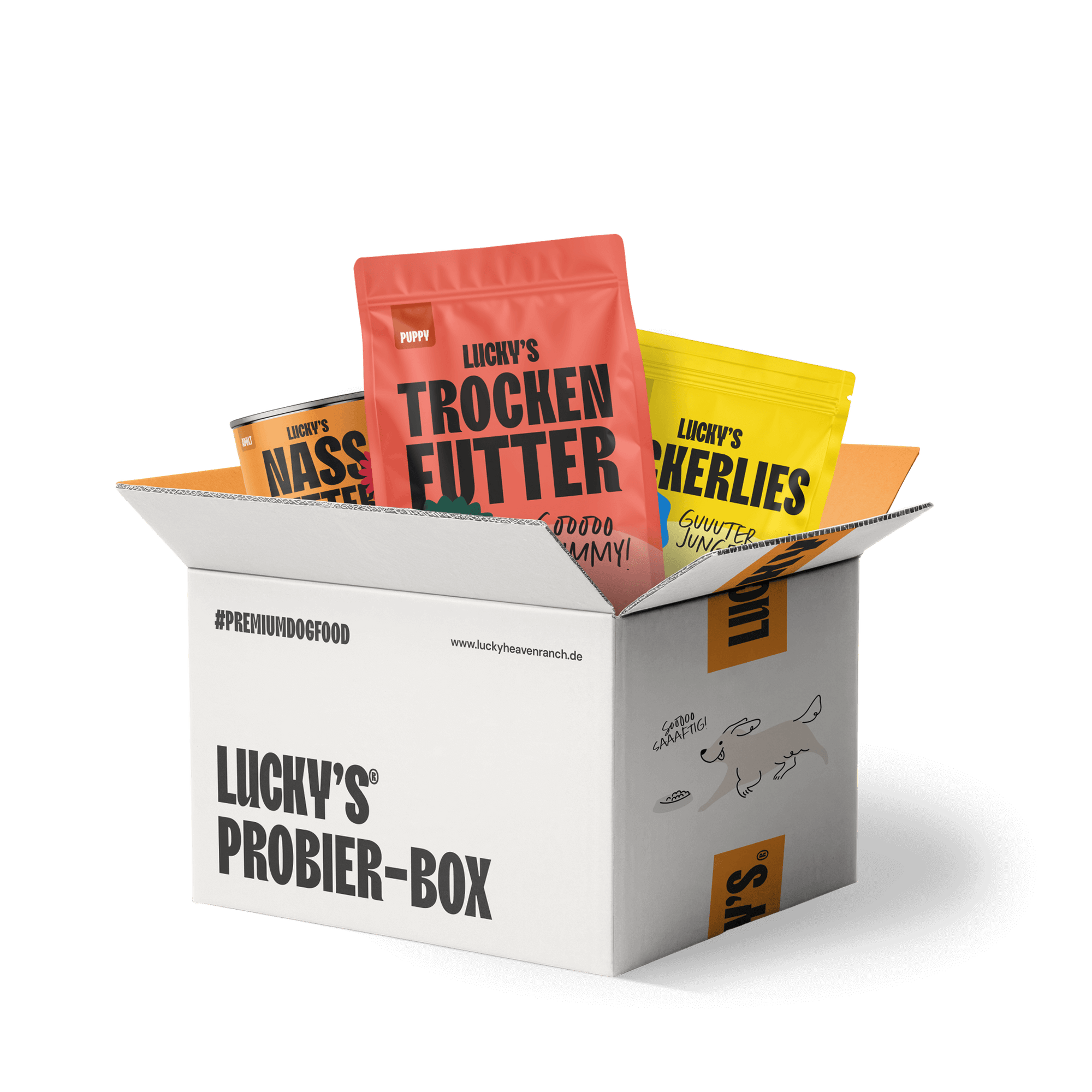 Lucky's Probier-Box mit Trockenfutter, Nassfutter und Leckerlis für Hunde.