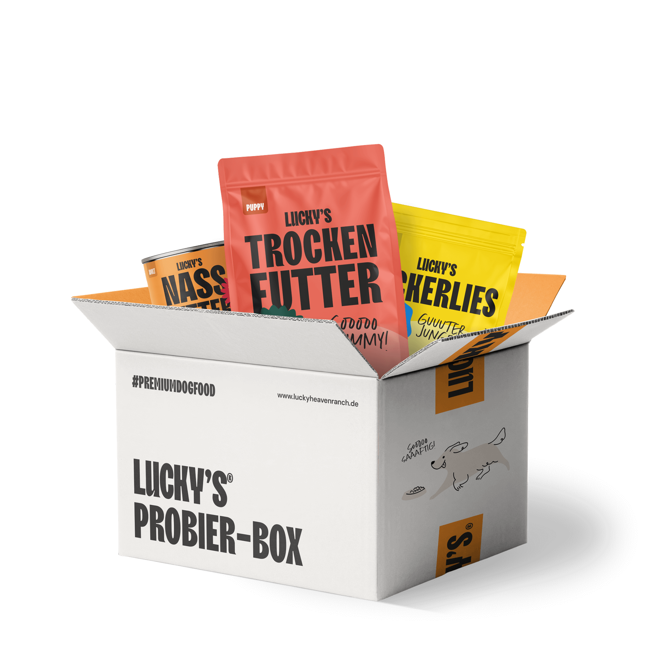 Lucky's Probier-Box mit Trockenfutter, Nassfutter und Leckerlis für Hunde.