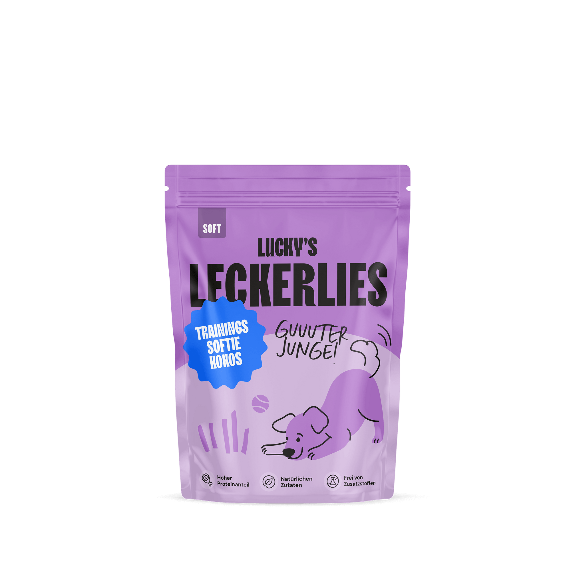 Kokos Trainingssoftie – Trainingsleckerli für Hunde in lila Verpackung mit Hund und Leckerli-Beschriftung.