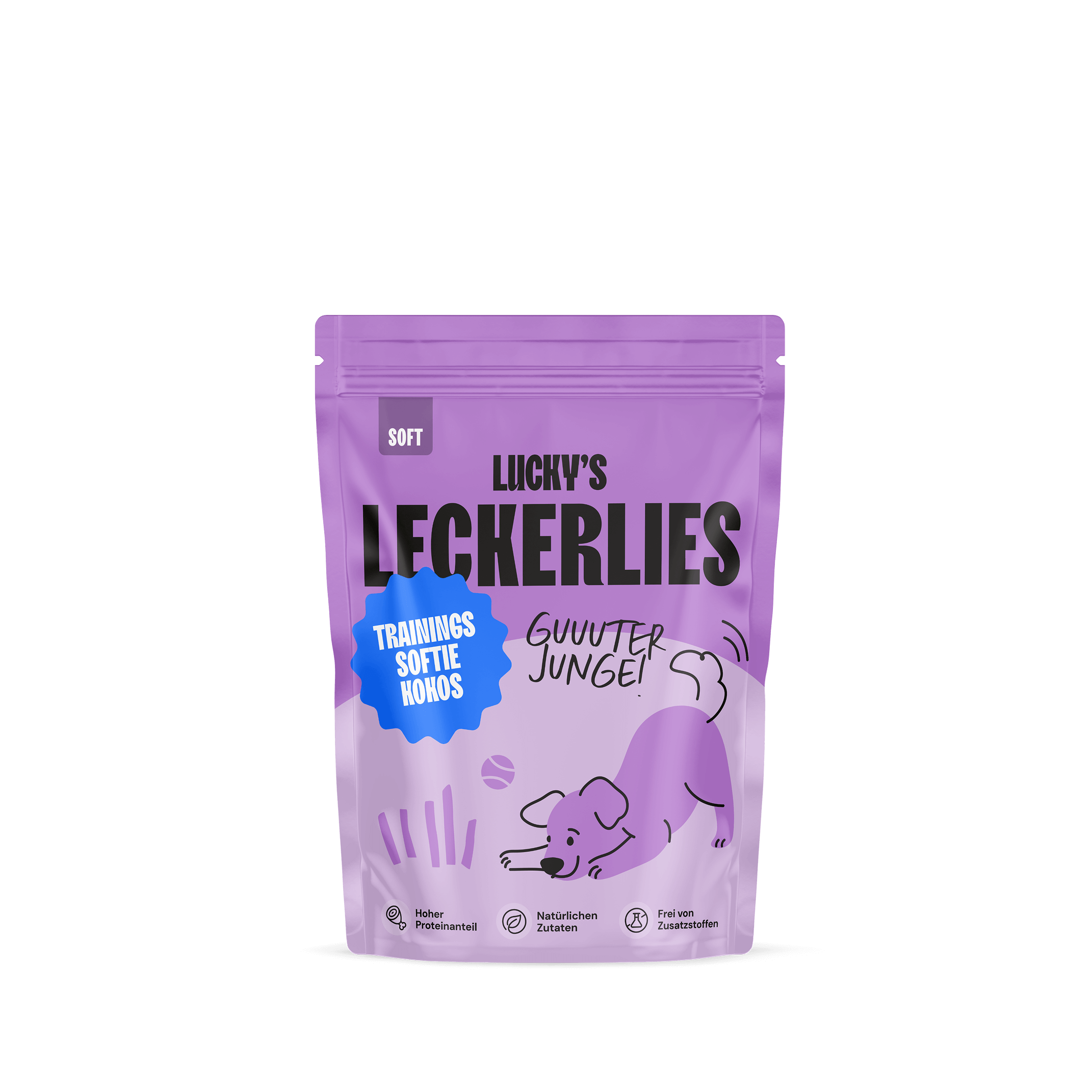 Kokos Trainingssoftie – Trainingsleckerli für Hunde in lila Verpackung mit Hund und Leckerli-Beschriftung.