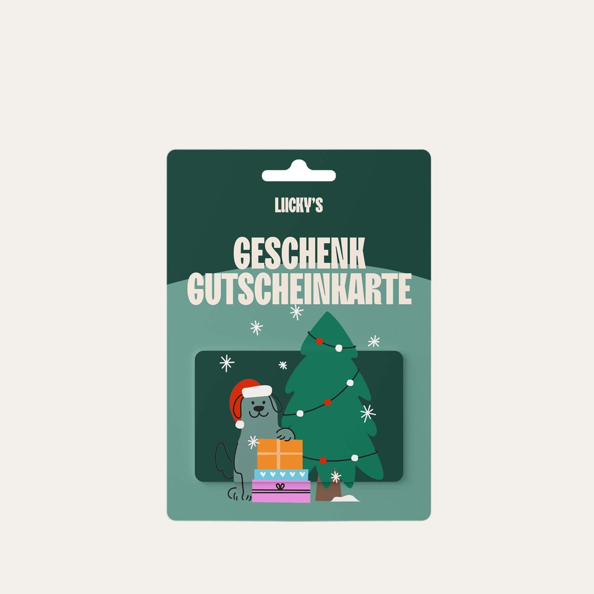 Luckys Weihnachtsgutschein – Freude schenken auf Geschenkekarte mit Hund und Weihnachtsbaum.