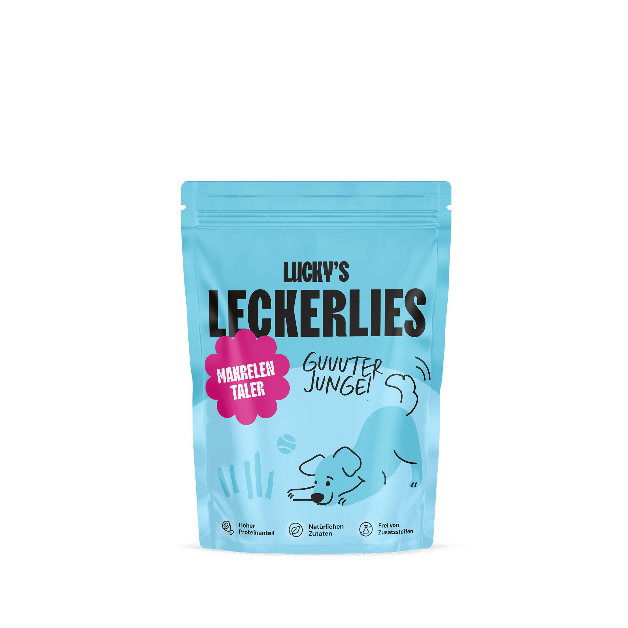 Makrelentaler – Leckerli für Hunde in einer blau-weißen Verpackung mit Hundedesign und Aufschrift.