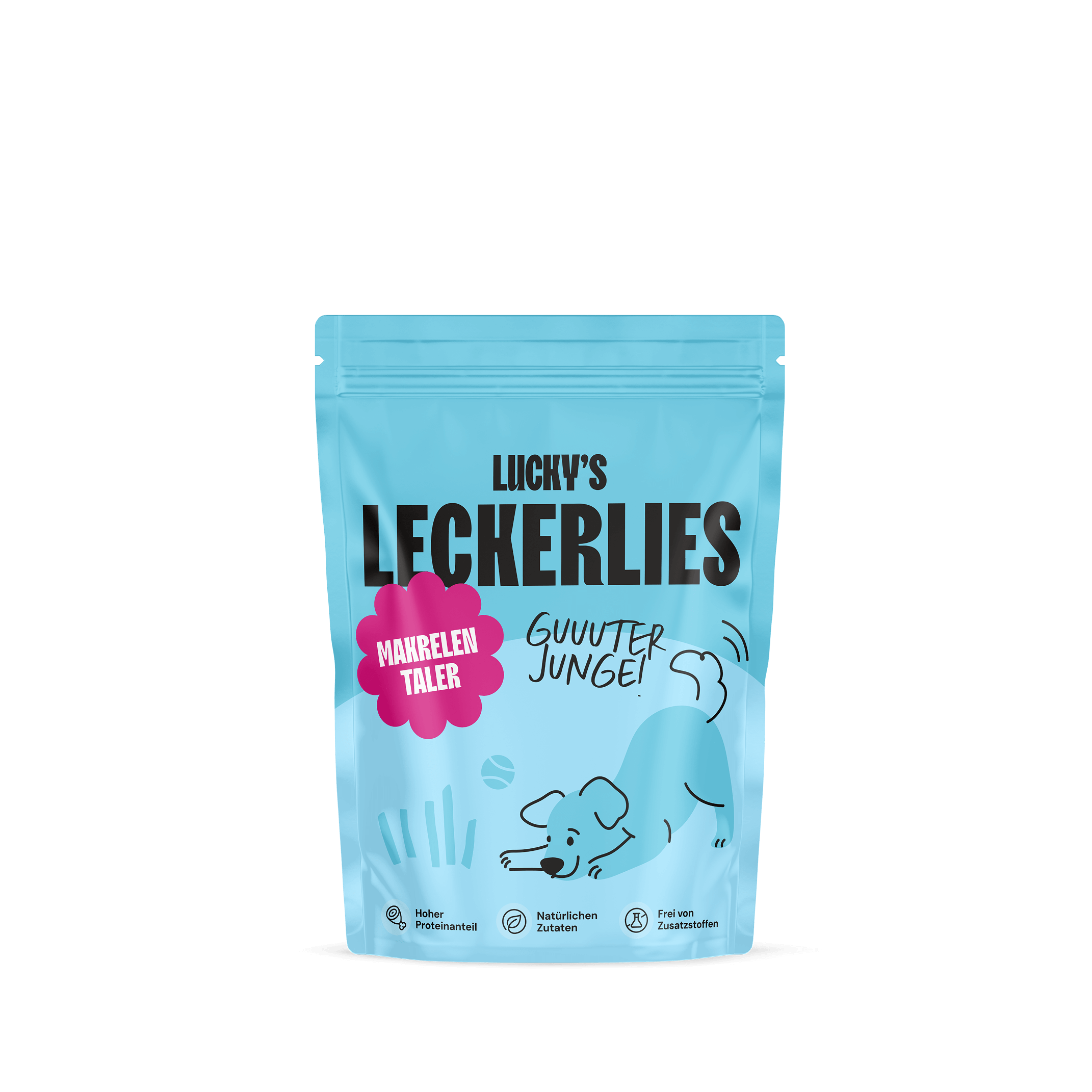 Makrelentaler – Leckerli für Hunde in einer blau-weißen Verpackung mit Hundedesign und Aufschrift.