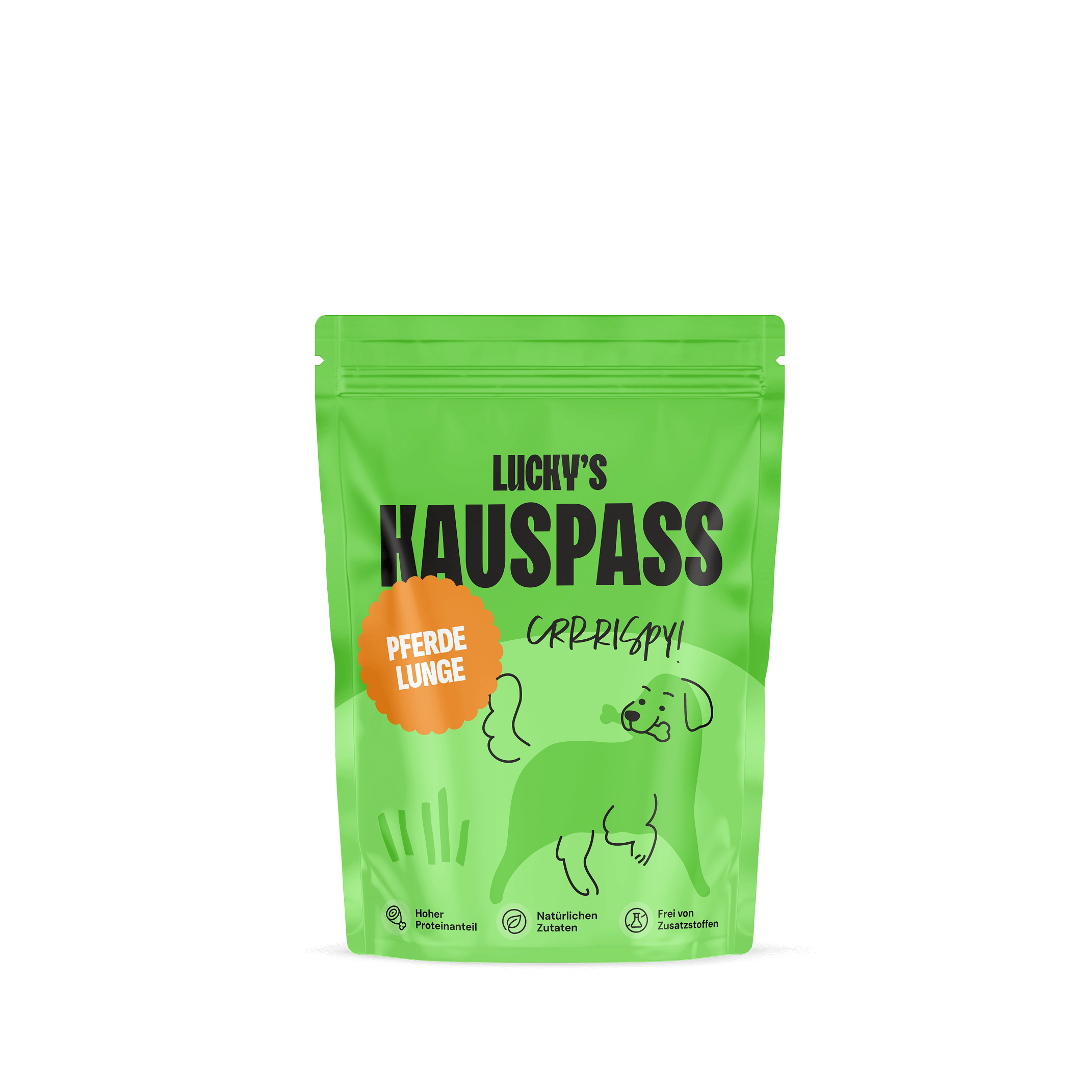 Pferdelunge – Naturkauartikel für Hunde in einer grünen Verpackung mit einem Hundemotiv.