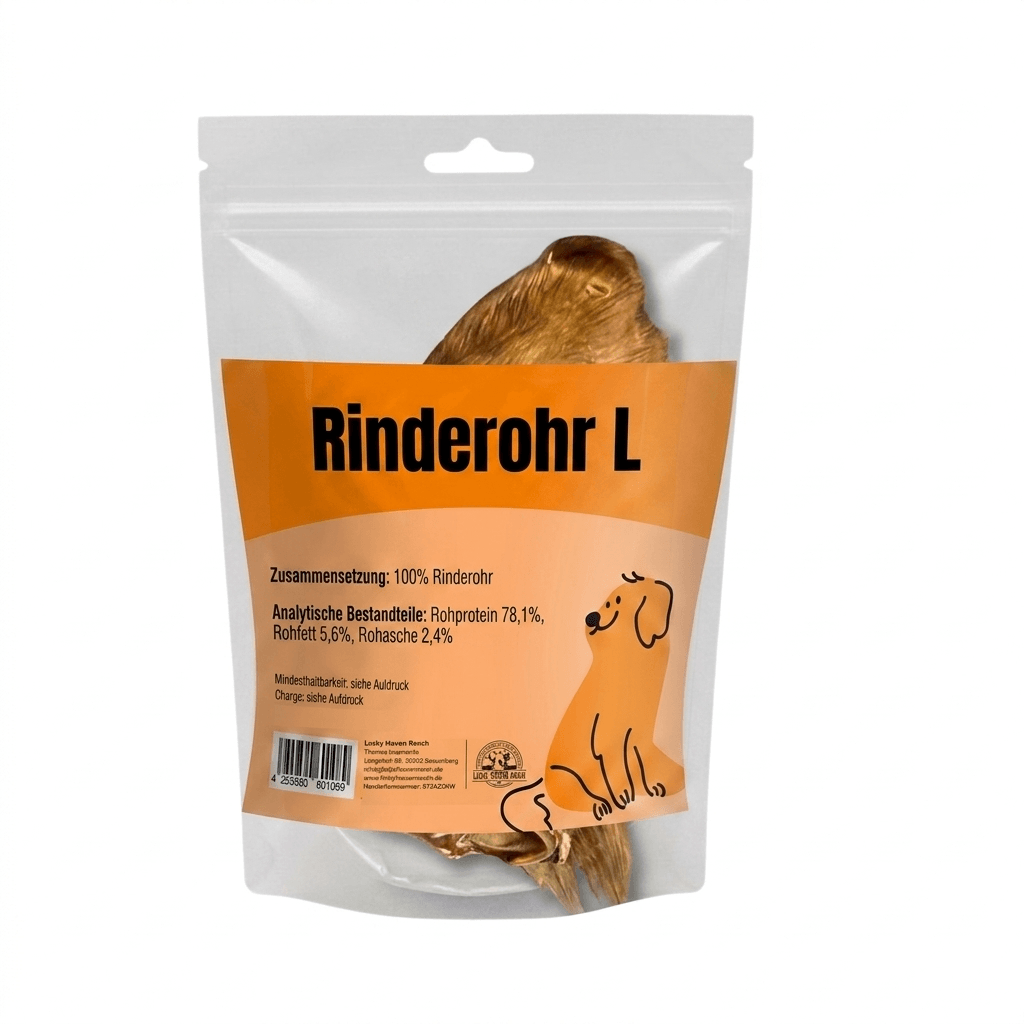 Transparente Kauartikel Packung mit einem großen, getrockneten Rinderohr (L) als Beschäftigung für Hunde.