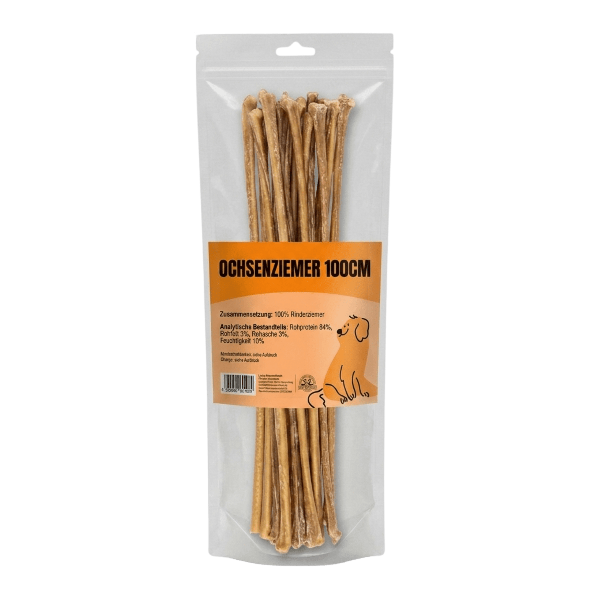 Transparente Standbeutel-Verpackung mit 100cm langen, getrockneten Ochsenziemer Hundekauartikeln und einem orangefarbenen Etikett mit einer Welpen-Illustration