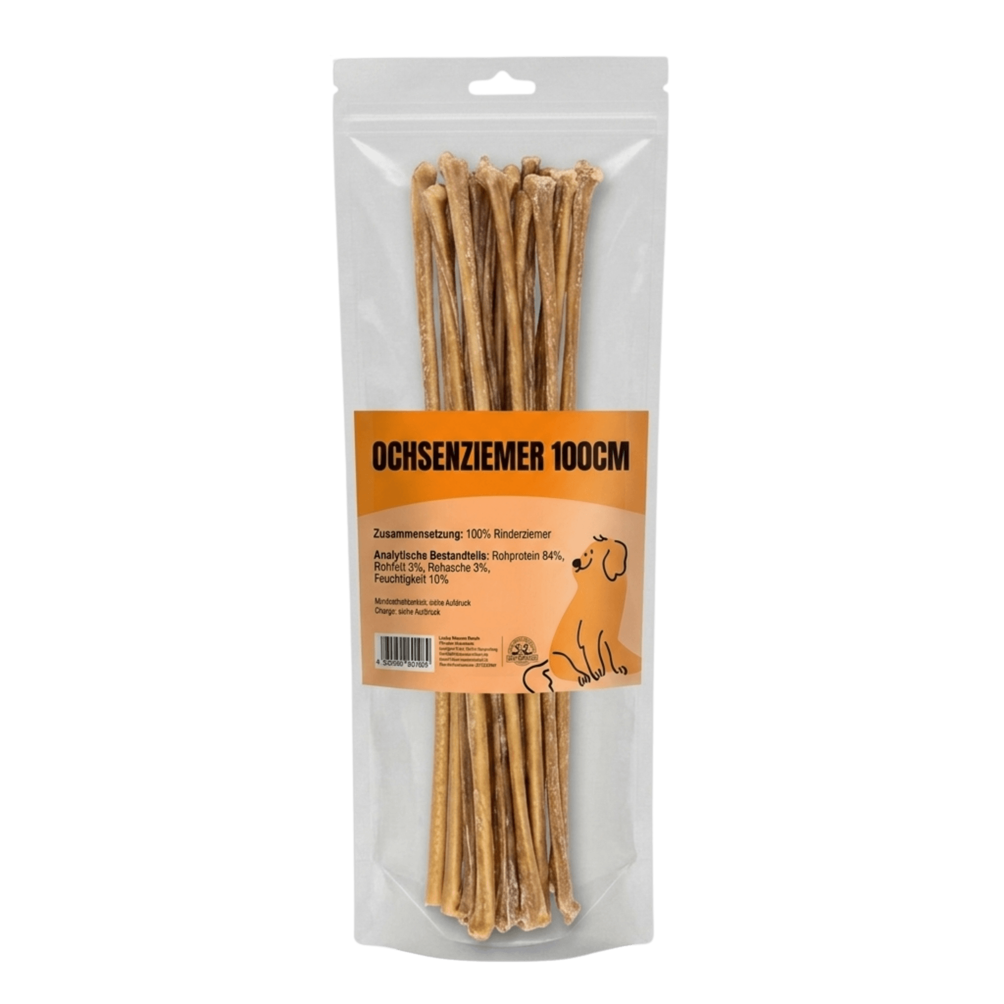 Transparente Standbeutel-Verpackung mit 100cm langen, getrockneten Ochsenziemer Hundekauartikeln und einem orangefarbenen Etikett mit einer Welpen-Illustration