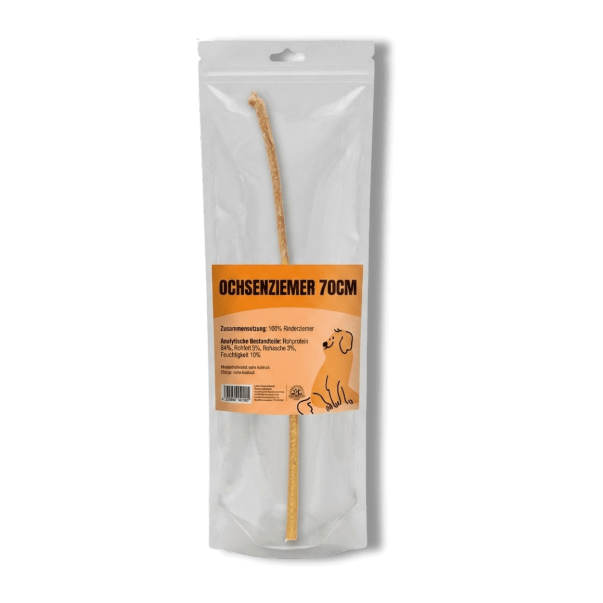 Transparente Standbeutel-Verpackung mit 70cm langen, getrockneten Ochsenziemer Hundekauartikel und einem orangefarbenen Etikett mit einer Welpen-Illustration