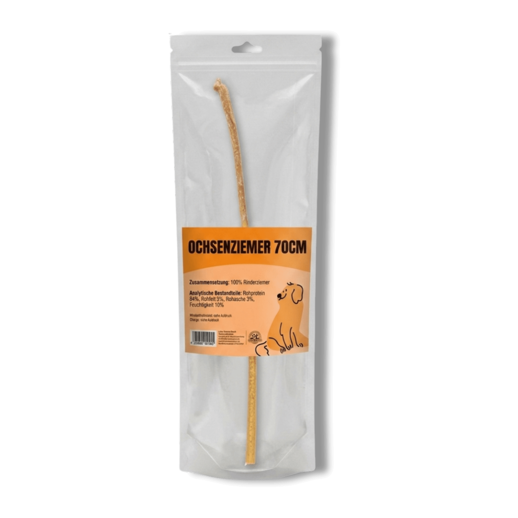 Transparente Standbeutel-Verpackung mit 70cm langen, getrockneten Ochsenziemer Hundekauartikel und einem orangefarbenen Etikett mit einer Welpen-Illustration