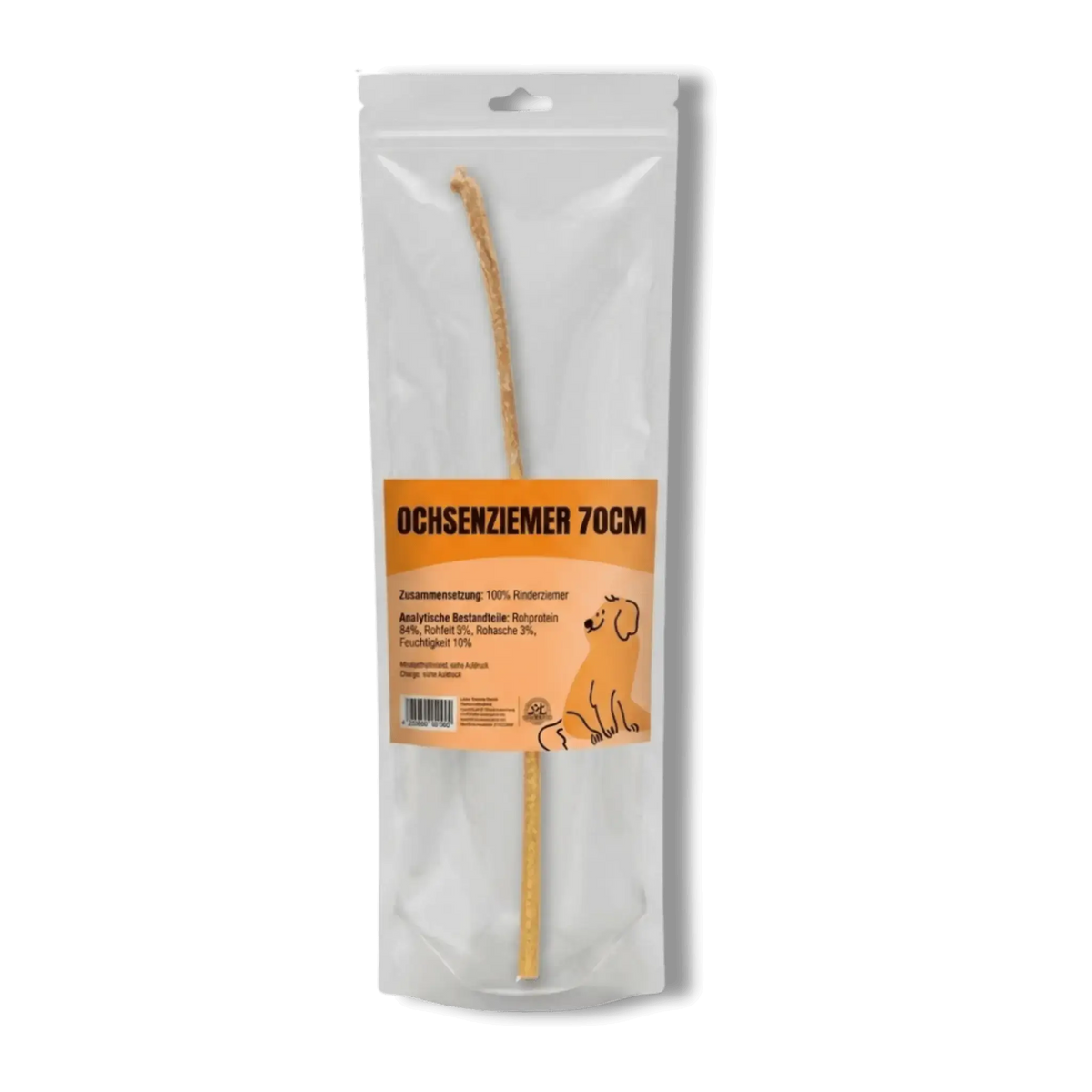 Transparente Standbeutel-Verpackung mit 70cm langen, getrockneten Ochsenziemer Hundekauartikel und einem orangefarbenen Etikett mit einer Welpen-Illustration