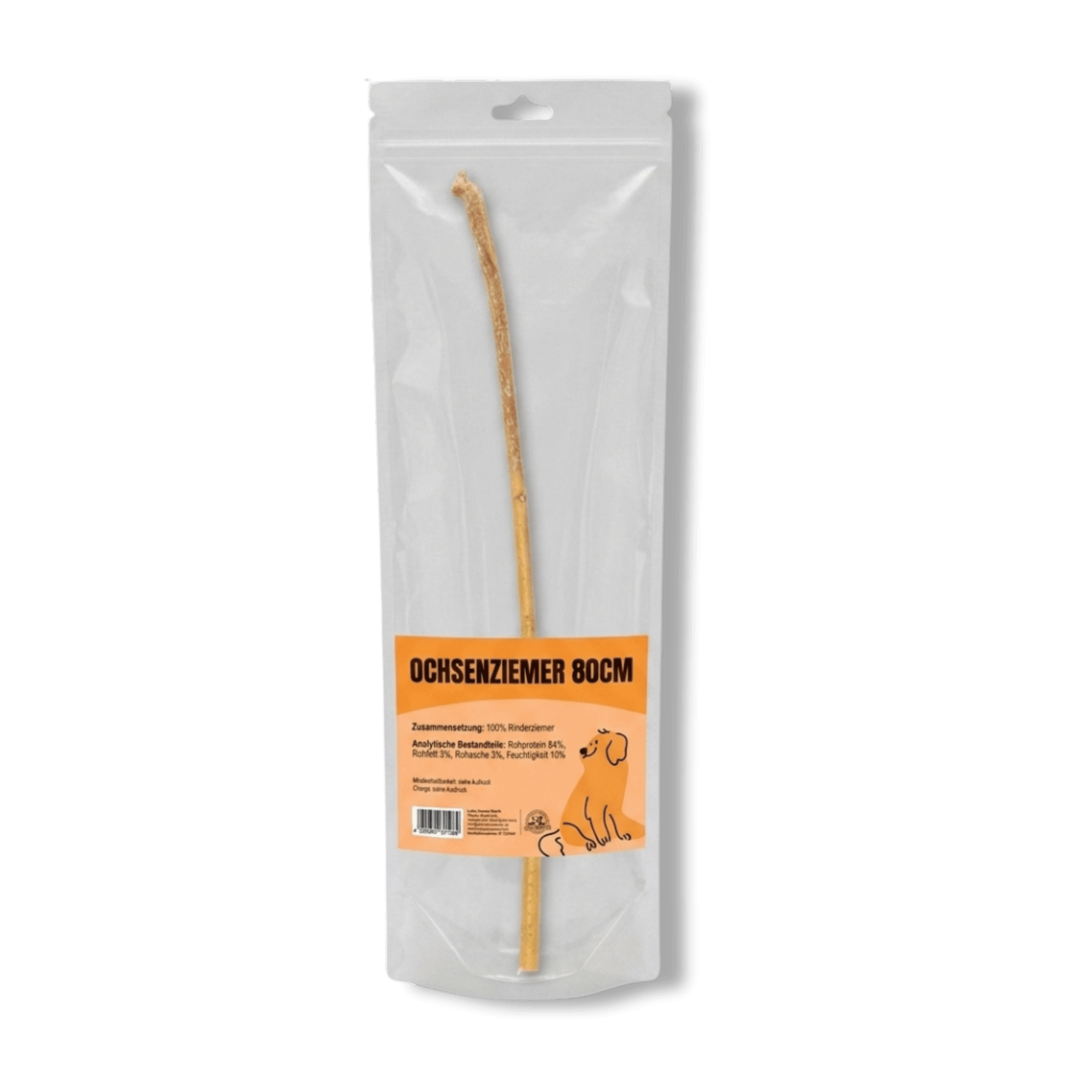 Transparente Standbeutel-Verpackung mit 80cm langen, getrockneten Ochsenziemer Hundekauartikeln und einem orangefarbenen Etikett der Firma Lucky Heaven Ranch mit einer Welpen-Illustration