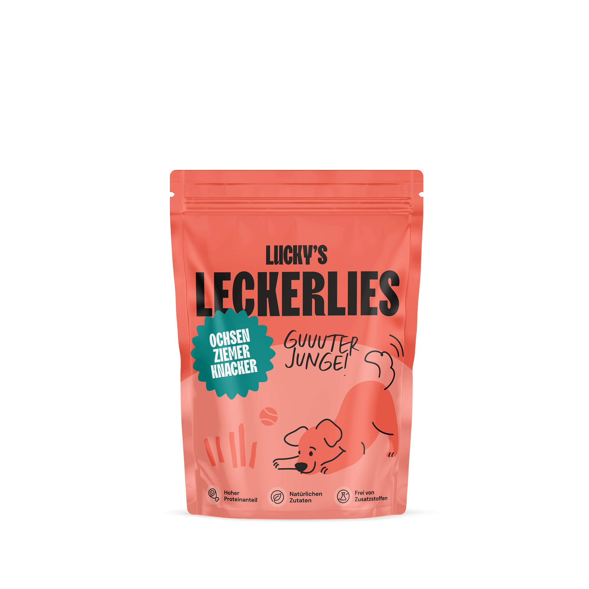 Ochsenziemer Knacker in einer attraktiven Verpackung für Hunde-Kauartikel von Lucky