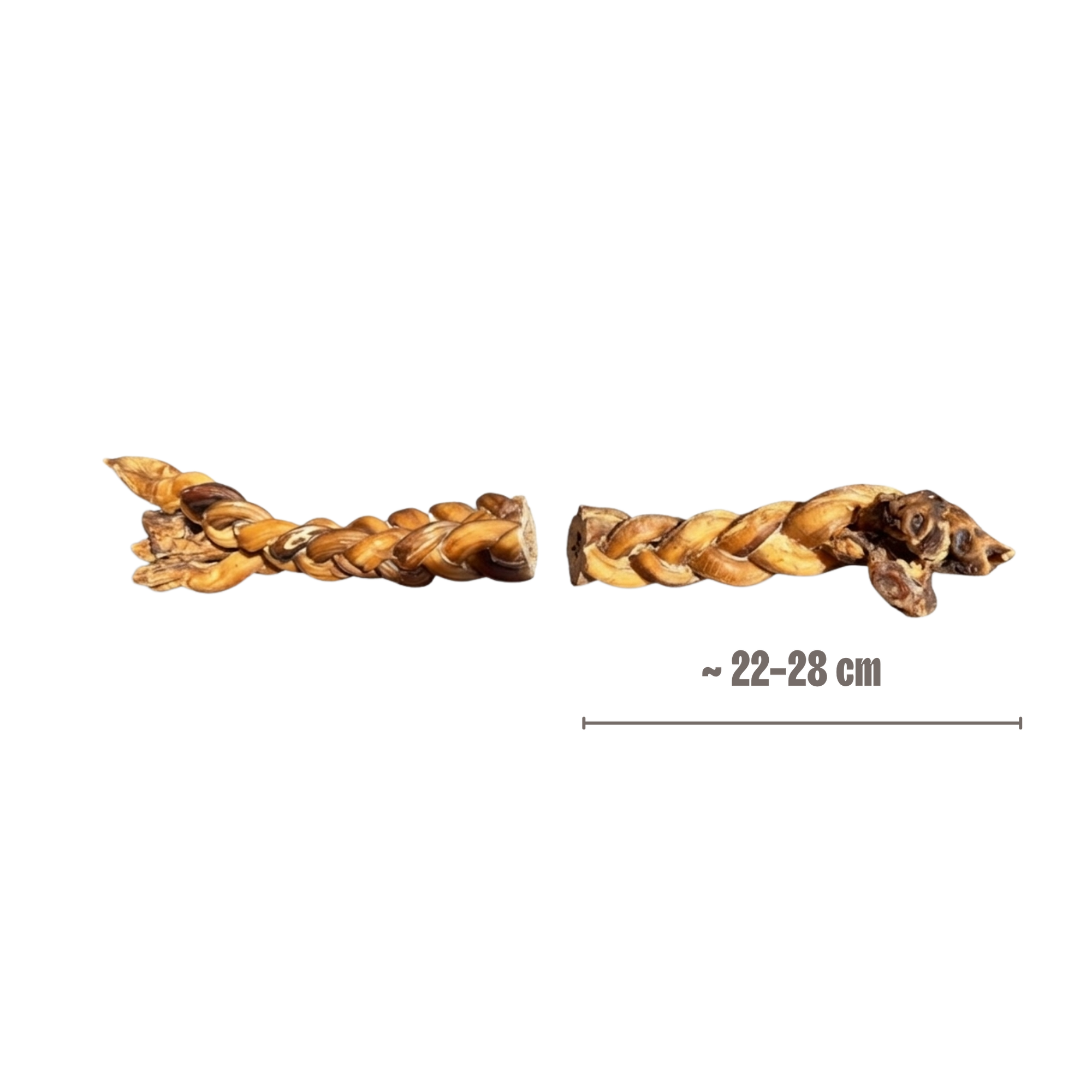 Produktansicht eines geflochtenen Ochsenziemer für Hunde mit einer eingeblendeten Längenangabe von ca. 40 bis 45 cm. Der robuste Kauartikel für Hunde liegt horizontal und zeigt die Größe für mittlere bis große Hunde.
