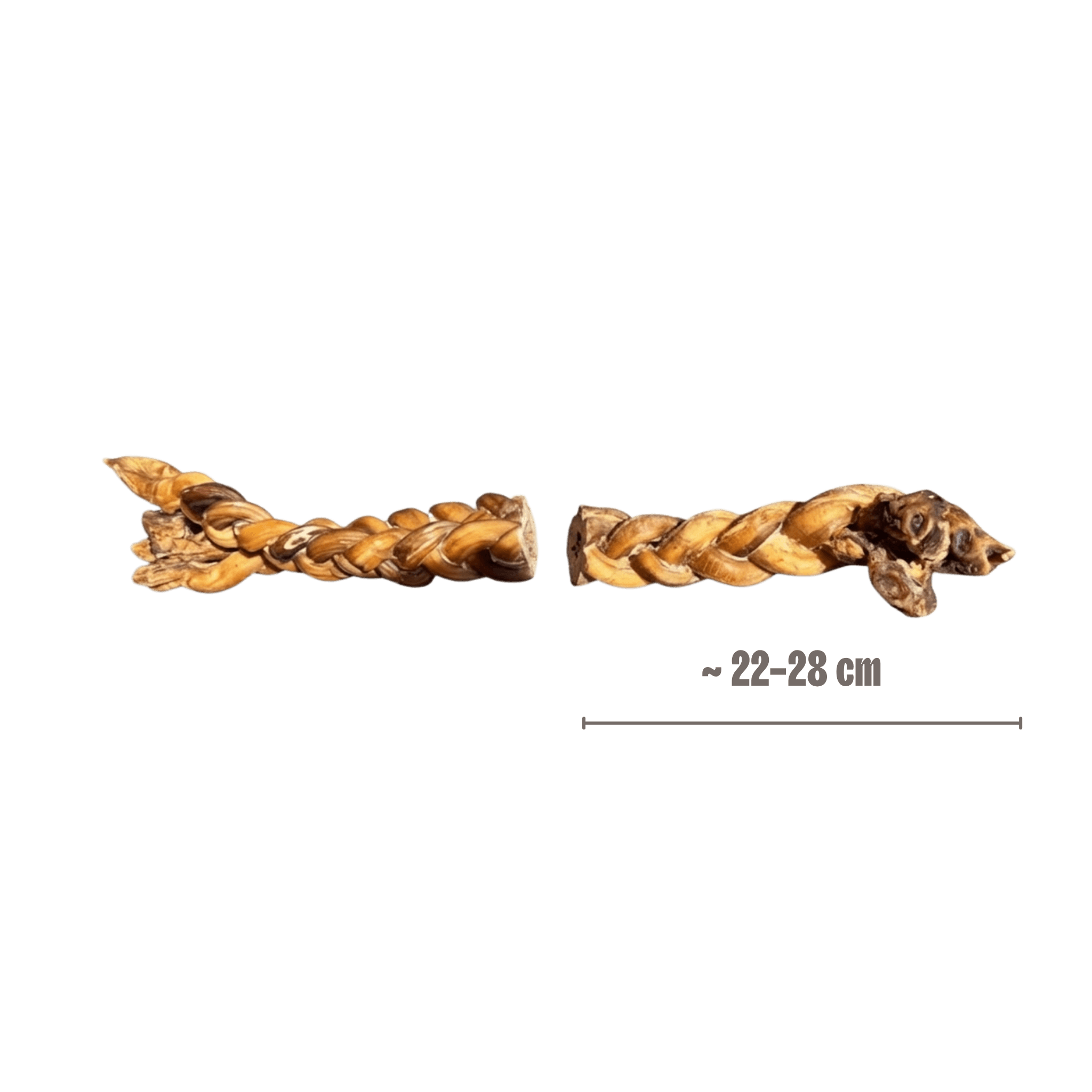 Produktansicht eines geflochtenen Ochsenziemer für Hunde mit einer eingeblendeten Längenangabe von ca. 40 bis 45 cm. Der robuste Kauartikel für Hunde liegt horizontal und zeigt die Größe für mittlere bis große Hunde.