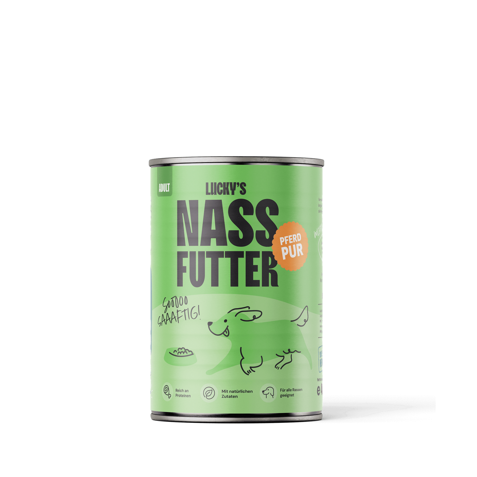 Pferd pur – Nassfutter für Hunde in einer grünen Dose mit verspieltem Design.