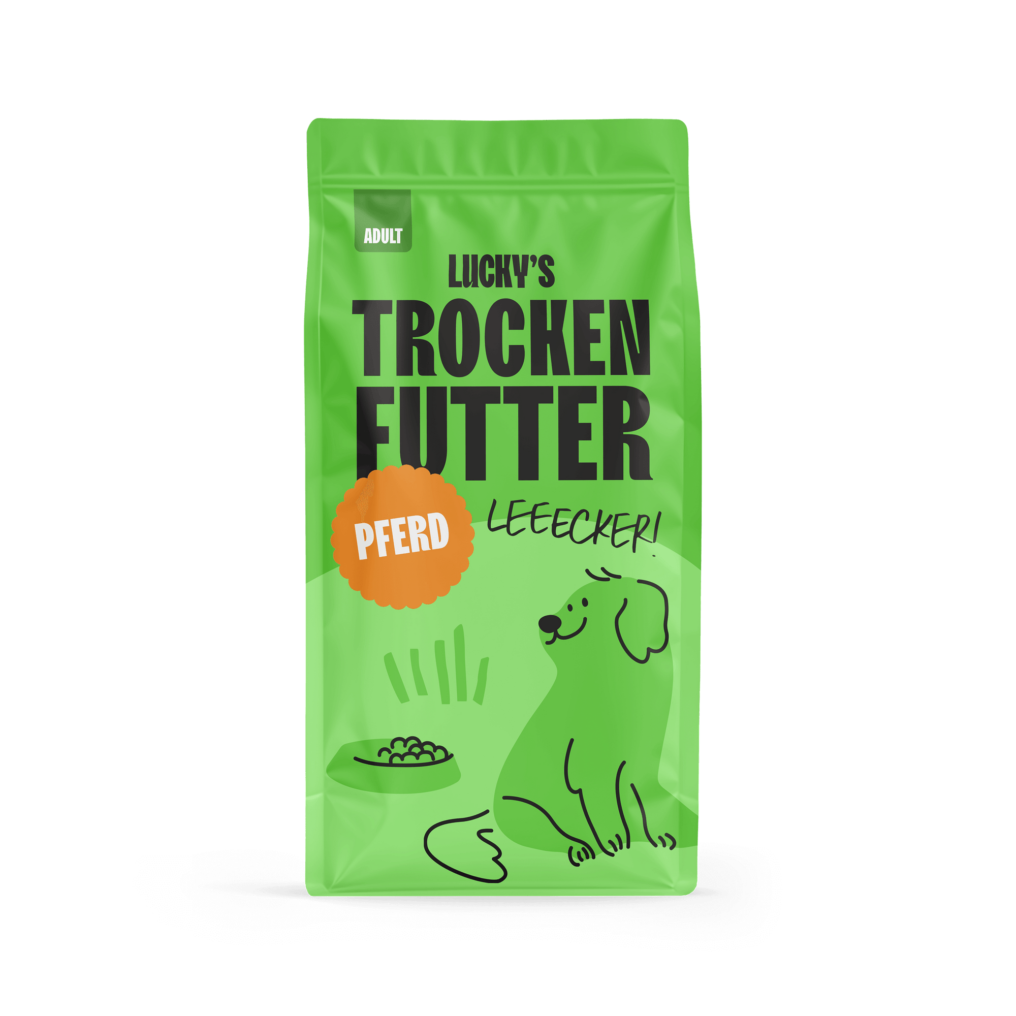 Pferd mit Süßkartoffel und Granatapfel Hunde Trockenfutter in einer grünen Verpackung für erwachsene Hunde.